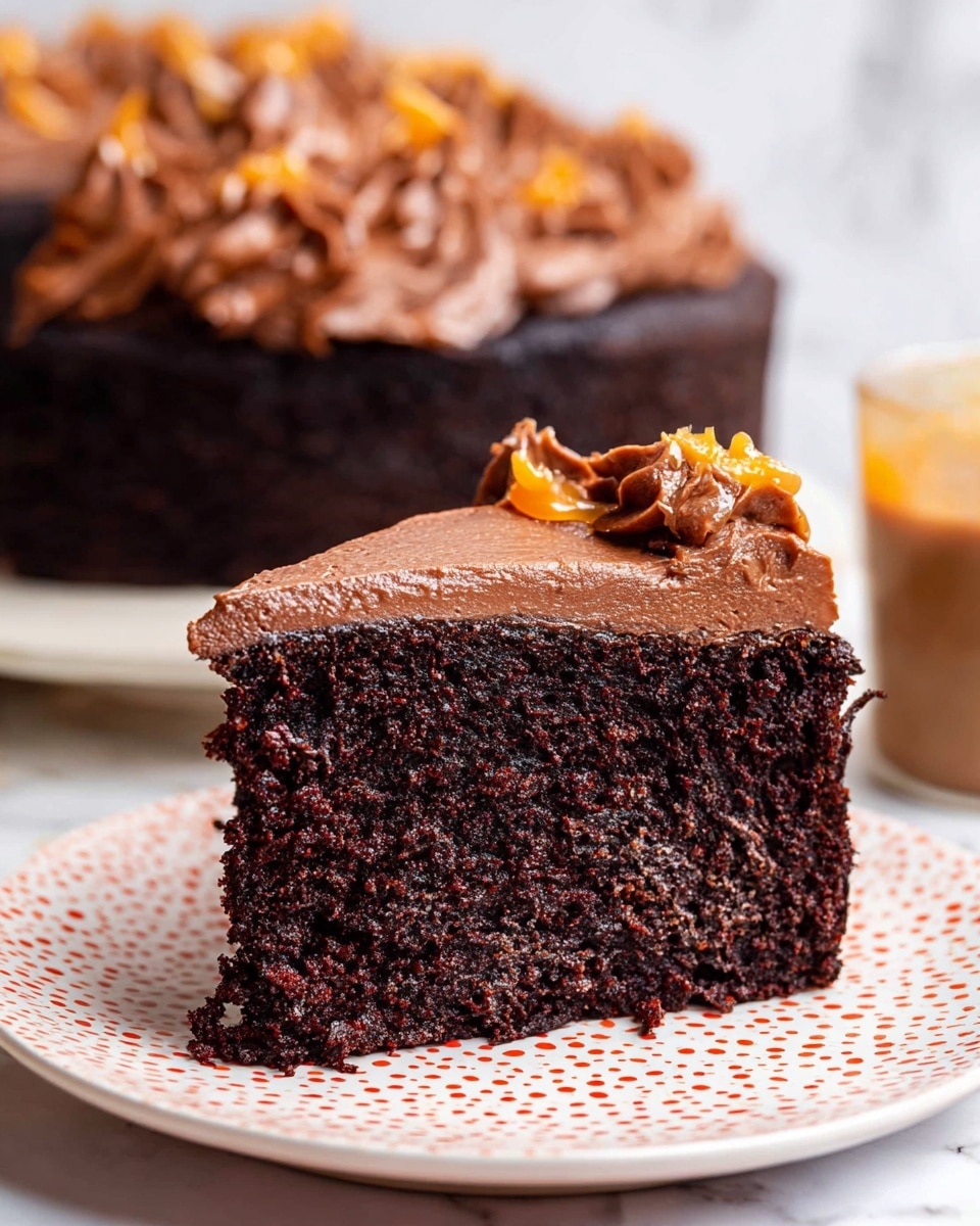 A thick slice of dark brown chocolate cake with a soft, crumbly texture sits on a white plate with red dots and light brown accents. The cake has one layer of moist chocolate sponge at the bottom, topped with a smooth, rich chocolate frosting layer that is light brown with a creamy, slightly rough texture. On top of the frosting, there are small swirls of orange caramel-like topping adding a touch of warm color. In the background, a whole cake with the same frosting and caramel swirls is slightly blurred, all set on a white marbled surface. photo taken with an iphone --ar 4:5 --v 7