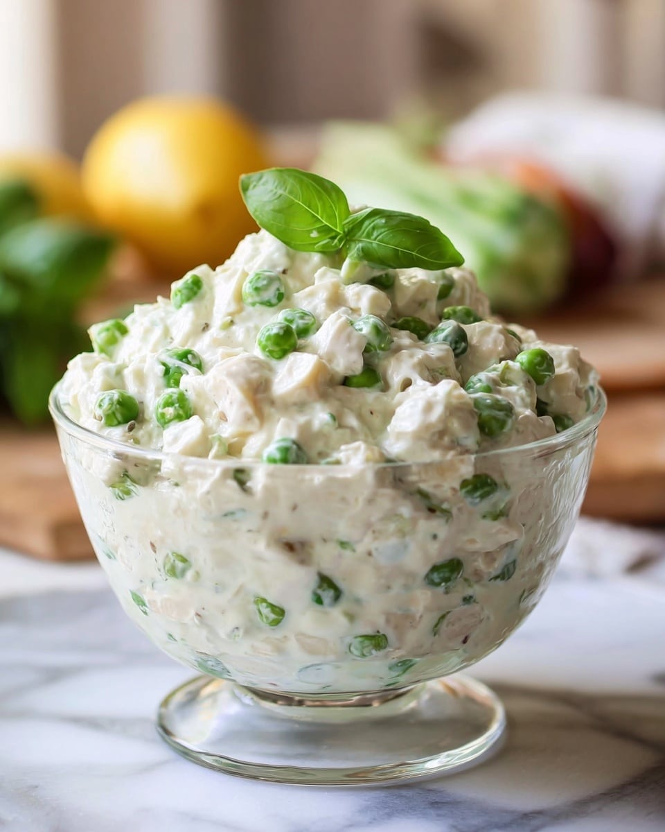 The image shows one clear glass bowl filled with a creamy white salad with small green peas mixed throughout. The salad has a thick, textured look with small white and light green chunks inside. On top of the salad, there is a small green basil leaf for garnish. The bowl sits on a white marbled surface, and the background is softly blurred with faint shapes of vegetables and a lemon. The light in the image is natural and bright, highlighting the salad’s creamy texture and fresh ingredients. photo taken with an iphone --ar 4:5 --v 7