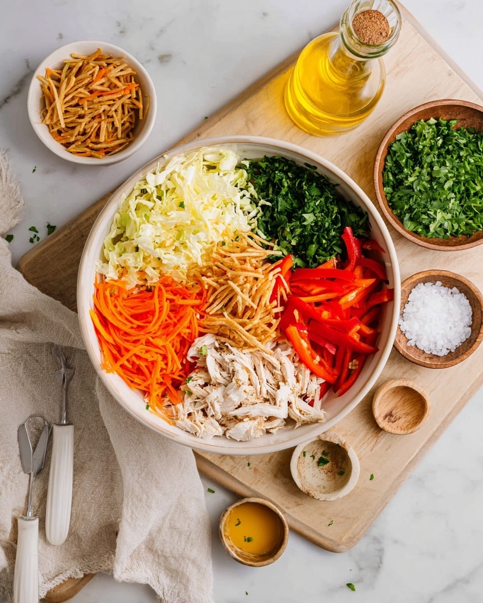 A white bowl filled with six main layers of fresh ingredients arranged side by side: pale yellow shredded cabbage on the top left, dark green chopped herbs next to it, bright orange thin carrot sticks below, crisp red bell pepper slices to the left and right of the center, and shredded white chicken meat on the bottom right, topped with crunchy light beige fried strips in the middle. Surrounding the bowl are small bowls with more of the fried strips, a small plate with chopped green herbs, a wooden bowl with a wooden spoon holding coarse salt, a clear glass bottle of yellow oil, and bowls of light brown and white creamy sauces, all set on a pale wooden board on a white marbled surface with a cream cloth and white utensils nearby. Photo taken with an iphone --ar 4:5 --v 7