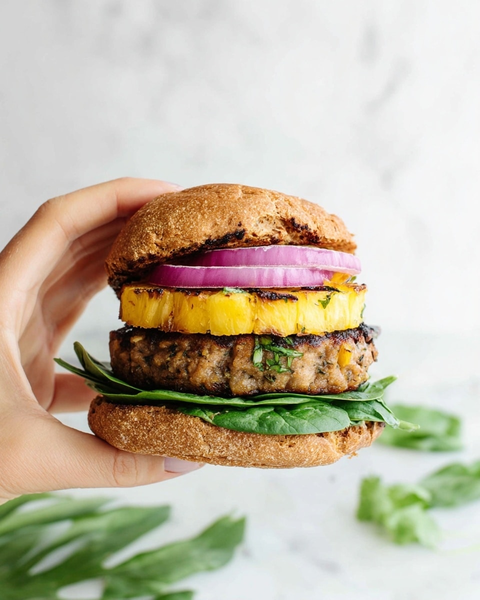 A woman's hand holding a sandwich with four visible layers: at the bottom, a toasted brown whole wheat bun with a light rough texture, topped with a fresh bright green spinach leaf layer; above that, a thick, grayish-brown patty with visible herbs and char marks; next, a grilled yellow pineapple ring with caramelized edges; topped by two thick slices of crisp purple-red onion; all held together by the top half of the toasted brown whole wheat bun. The background is a white marbled texture with some blurred green leaves scattered around. Photo taken with an iphone --ar 4:5 --v 7