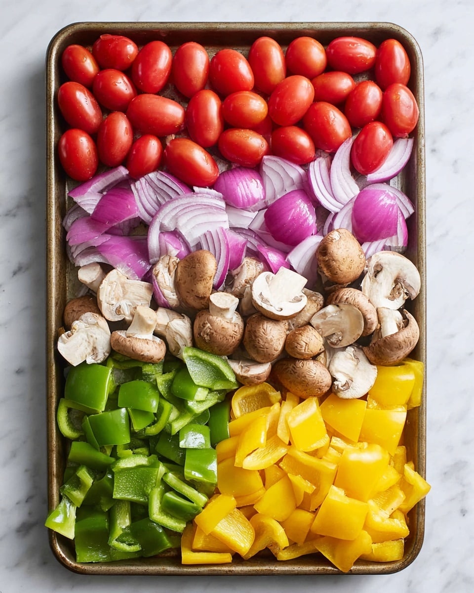 A rectangular baking tray holds five neat layers of fresh vegetables on a white marbled surface. The top layer is a cluster of small, oval bright red cherry tomatoes with a smooth, shiny texture. Below them, there is a thick layer of roughly chopped red onions showing white and purple rings with crisp edges. The middle layer consists of whole and sliced brown mushrooms with soft, slightly rough caps and white stems. Underneath the mushrooms, there is a layer of chunky green bell pepper pieces, glossy with a crisp surface. The bottom layer is made up of bright yellow bell pepper chunks, also shiny and fresh, completing the colorful and orderly arrangement. photo taken with an iphone --ar 4:5 --v 7