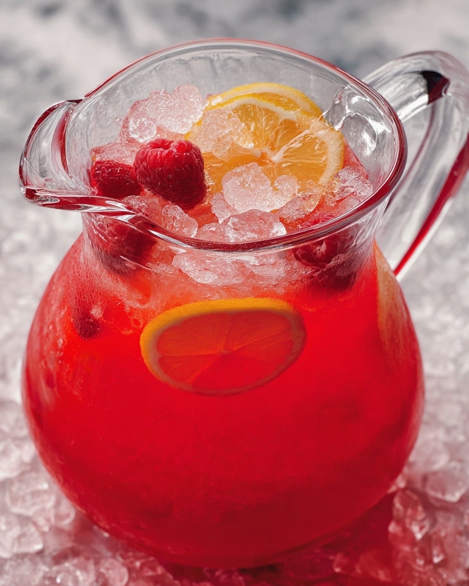 A clear glass pitcher filled with a bright red beverage, topped with crushed ice, deep red raspberries, and two thin slices of light yellow lemon floating on the surface. The pitcher has a smooth, shiny texture and a curved pouring spout. The background shows a soft focus with a white marbled texture beneath the pitcher. photo taken with an iphone --ar 4:5 --v 7