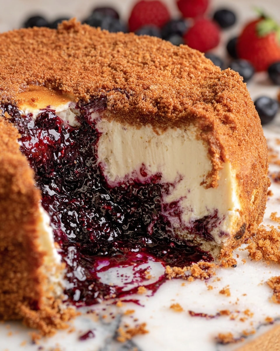 A white plate holds a slice of cheesecake with three visible layers: a crumbly golden-brown crust on the bottom, a thick white creamy cheese layer in the middle, and a glossy dark purple berry sauce layer on top, all slightly mixed together. The plate is decorated with fresh berries around the slice, including red strawberries, red raspberries, black blackberries, and blue blueberries. A silver fork with a wooden handle lies on the plate’s edge. In the background, there is a round cheesecake topped with a crumbly crust on a light wooden board, all set on a white marbled surface. Photo taken with an iphone --ar 4:5 --v 7
