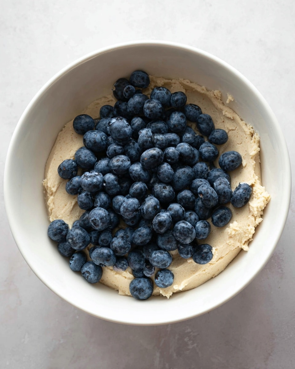 Inside a white bowl, there is one layer of smooth, pale beige dough with a soft and slightly crumbly texture, topped with a layer of fresh, plump blueberries scattered unevenly across the surface. The blueberries are deep blue with a slightly matte finish, some showing their tiny crown-like ends, creating a contrast with the light dough beneath them. The bowl sits on a white marbled surface, with natural light illuminating the scene. Photo taken with an iphone --ar 4:5 --v 7