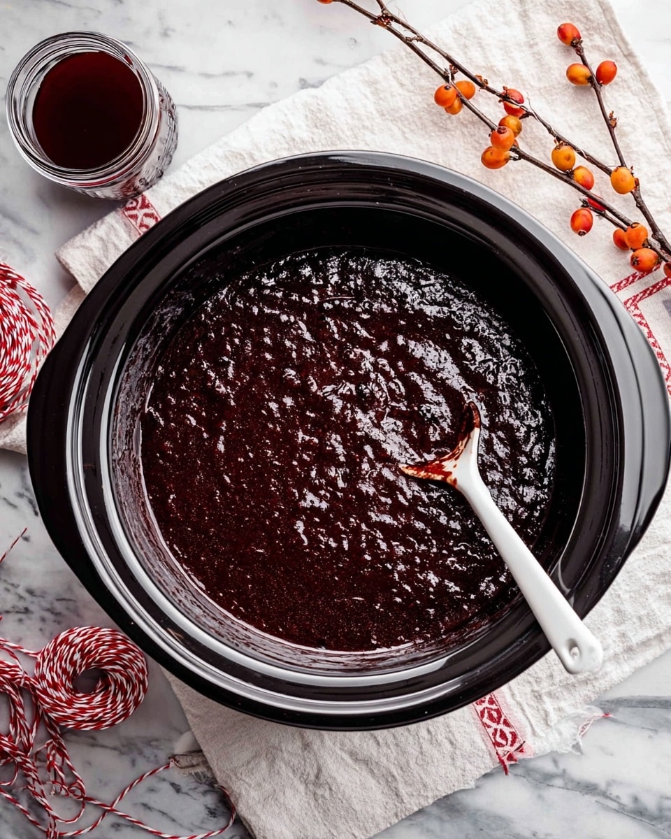 A large black slow cooker filled with a deep dark red, thick sauce that has a slightly chunky texture and glossy surface. A white spoon with sauce residue rests inside the cooker, partially submerged in the sauce near the right side. The slow cooker sits on a white marbled surface with a white cloth with red stitching partially visible under the right side. To the far right, there are two thin branches with small round orange and red berries. A glass jar with dark red liquid and no lid sits at the top left corner. A piece of red and white string is loosely coiled near the bottom left side. Photo taken with an iphone --ar 4:5 --v 7