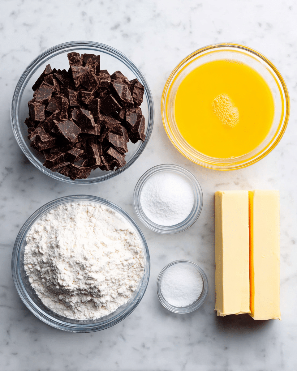 The image shows six separate ingredients neatly arranged on a white marbled surface. On the left is a clear glass bowl full of rough, dark brown chocolate chunks. Next to it, towards the right, is a clear bowl filled with a bright yellow, slightly frothy liquid, likely beaten eggs. Above and to the right of the eggs is a smaller clear bowl of fine white flour. Below the eggs is a medium clear bowl filled with a mound of white powdered sugar. To the right of the powdered sugar, there is a tiny clear bowl containing a small amount of fine white salt. Finally, on the far right side, two rectangular sticks of pale yellow butter are stacked vertically. All elements are displayed with clear separation and balance. Photo taken with an iphone --ar 4:5 --v 7