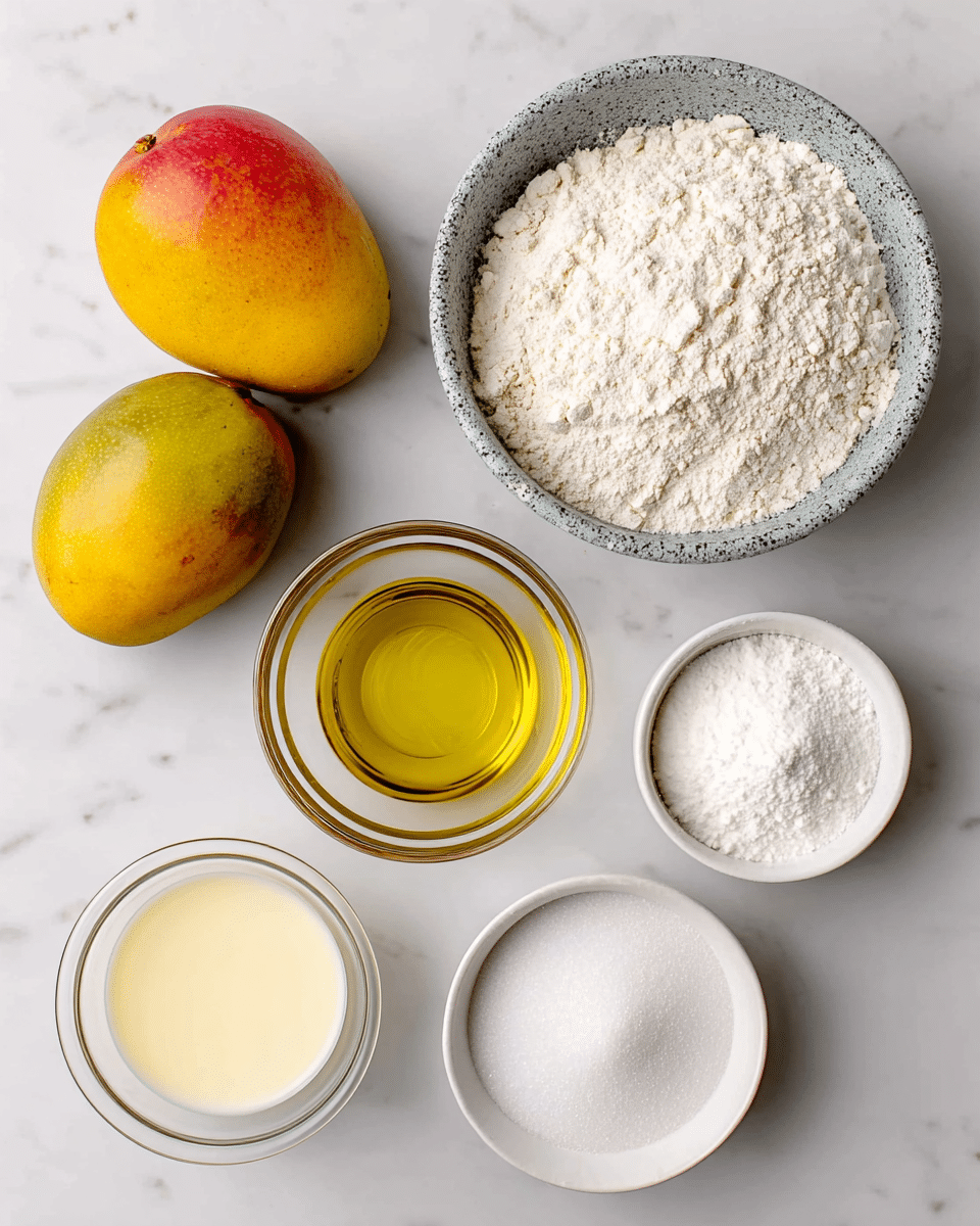 The image shows a layout of individual ingredients arranged on a white marbled surface. There are two ripe mangos with yellow and red skin placed side by side on the left. At the top right, there is a speckled grey bowl filled with white flour, full to the brim. Below it, a clear glass container holds light golden oil with a shiny surface. To the right of the oil, a white bowl contains granulated white sugar with a smooth surface. Next to the sugar, a small white bowl is filled with white baking powder. On the bottom left, a small clear container holds light yellow lemon juice, and above it, another glass container holds white dairy-free milk. All containers are neatly spaced and visible from above. photo taken with an iphone --ar 4:5 --v 7