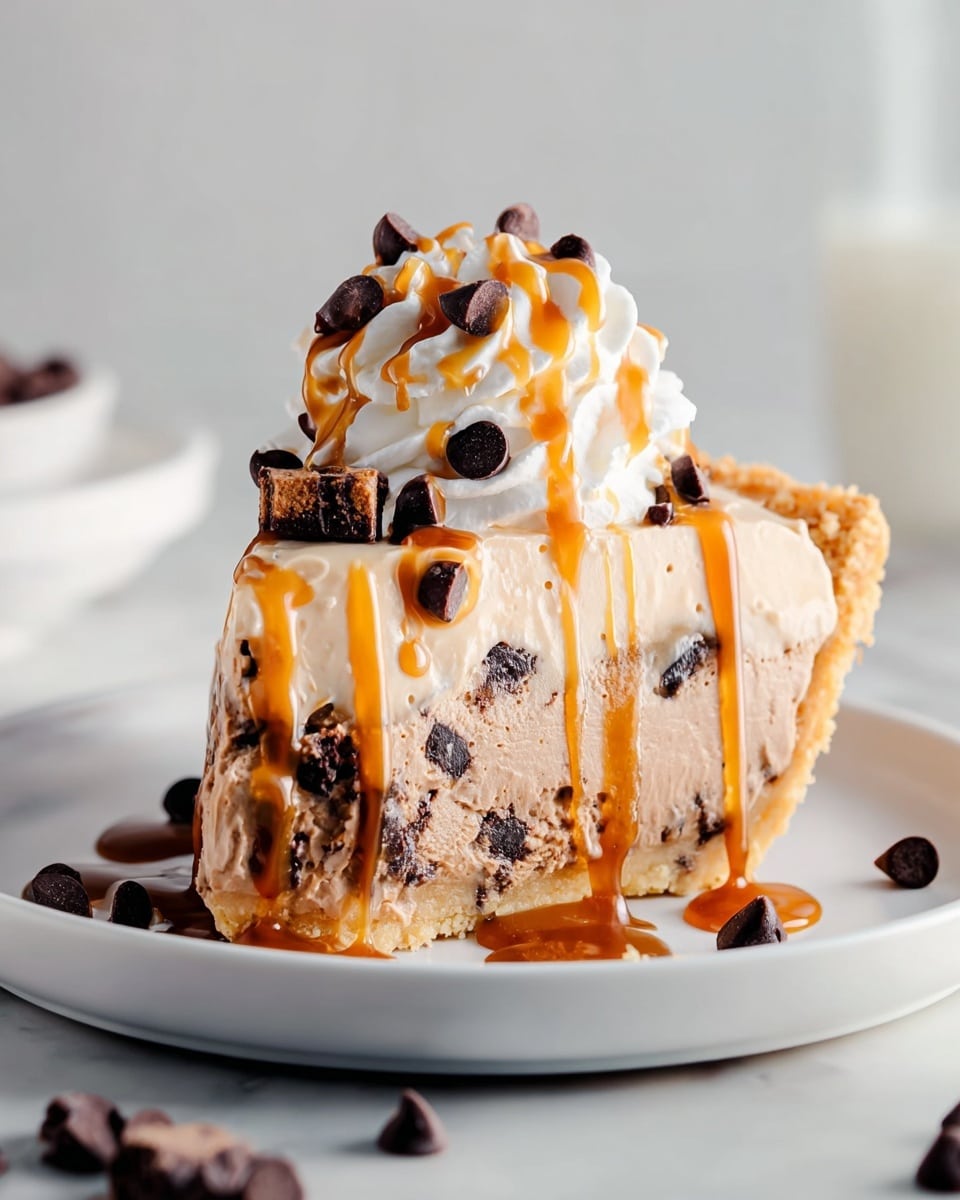 A thick slice of ice cream pie sits on a white plate, showing three visible layers: a bottom light tan cookie crust, a middle creamy coffee-brown ice cream with small dark chocolate pieces, and a top darker chocolate ice cream layer with chunks embedded inside. The pie slice is topped with a swirl of white whipped cream, scattered with dark chocolate chips, and drizzled generously with shiny caramel sauce that runs down the sides. More chocolate chips are spread around the plate and the white marbled surface below adds a clean bright background. Photo taken with an iphone --ar 4:5 --v 7