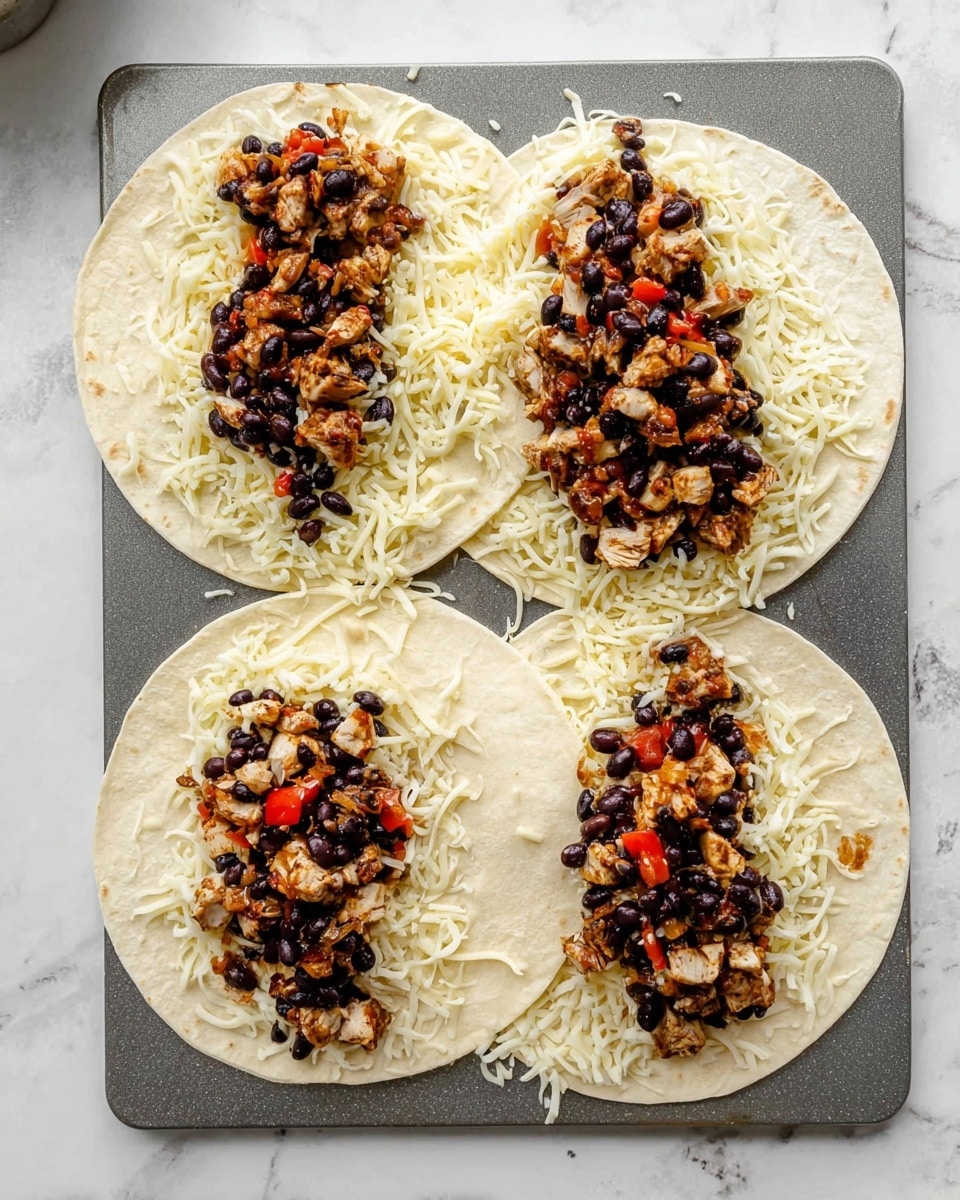 Three soft, round tortillas lie flat on a gray baking sheet over a white marbled surface. Each tortilla has a base layer of shredded white cheese spread evenly on the bottom half. On top of the cheese is a layer of cooked diced dark brown chicken mixed with black beans and small visible pieces of red bell pepper, clustered in the center of the cheese. The tortillas show slightly varied folds and textures, with a clean and fresh look. The setting is bright and clear. Photo taken with an iphone --ar 4:5 --v 7