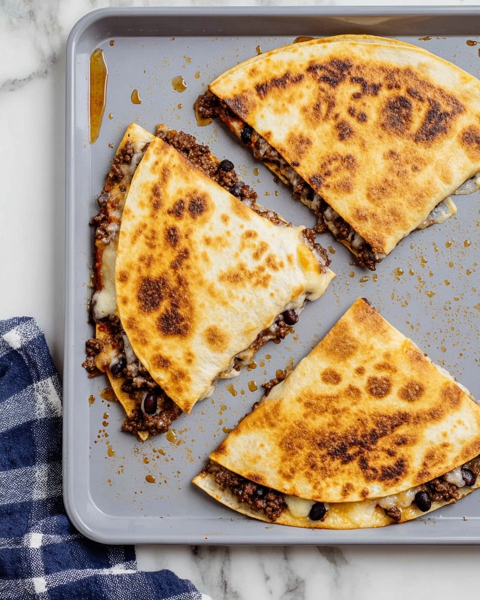 Three folded quesadillas with golden-brown spots sit on a light gray baking tray, arranged in a triangular pattern with one missing a small wedge. Each quesadilla shows a thick filling layer made of browned ground meat, melted cheese, black beans, and bits of red pepper peeking out from the edges. The tray has small drips of oil and browned crumbs around the edges of the quesadillas. The scene is set on a white marbled surface with a blue and white checkered cloth partially visible in the bottom left corner. Photo taken with an iphone --ar 4:5 --v 7