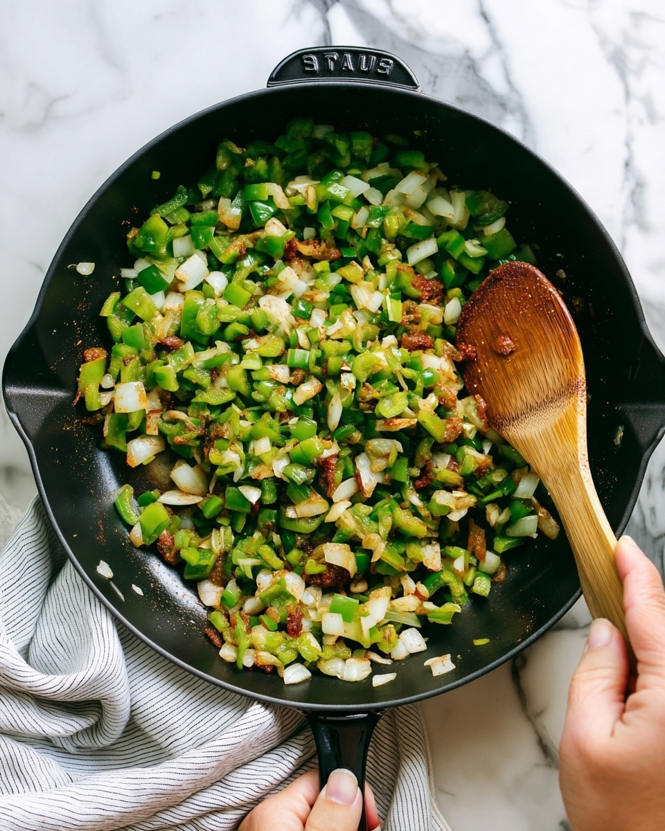 A black pan filled with a mix of small, chopped green bell peppers and white onions, sprinkled with a reddish-brown spice blend. The vegetables have a slightly soft texture and some have browned edges, showing they are being cooked. A woman's hand holds a wooden spoon stirring the vegetables from the right side, while another woman's hand grips the pan handle on the left. The pan sits on a white marbled surface with a light-colored striped cloth partially under the pan. photo taken with an iphone --ar 4:5 --v 7