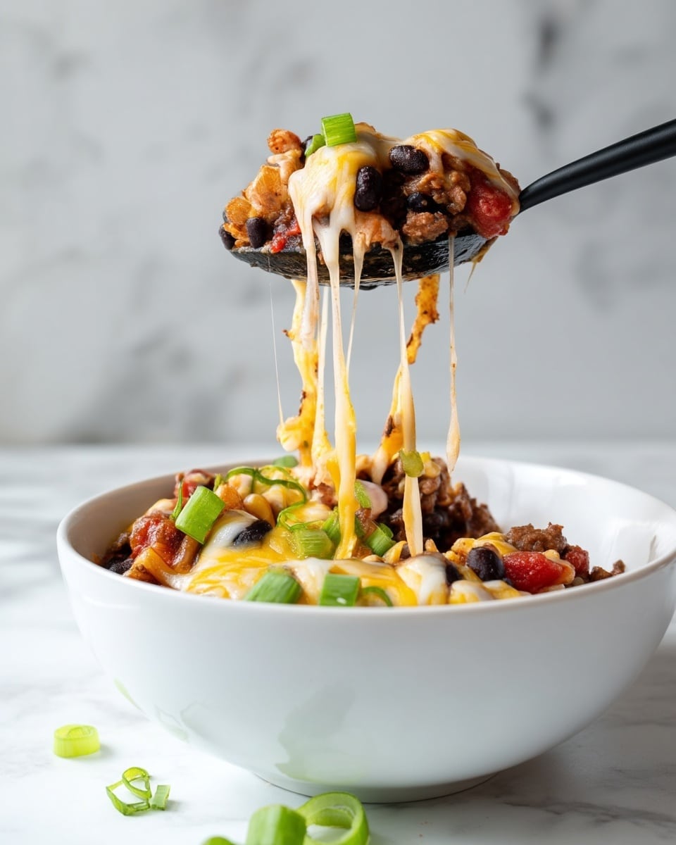 A white oval dish filled with a thick mix of ground beef, elbow macaroni, black beans, diced tomatoes, and small pieces of onion and green pepper, all coated in a reddish brown sauce. The dish shows a textured combination of the soft pasta, chunky vegetables, and tender meat evenly spread across the dish. On the right side of the image, there are two small white bowls, one filled with sliced green onions and the other with shredded cheddar and mozzarella cheese. The background is a white marbled surface, and a light-colored cloth with beige stripes is placed to the left. Photo taken with an iphone --ar 4:5 --v 7