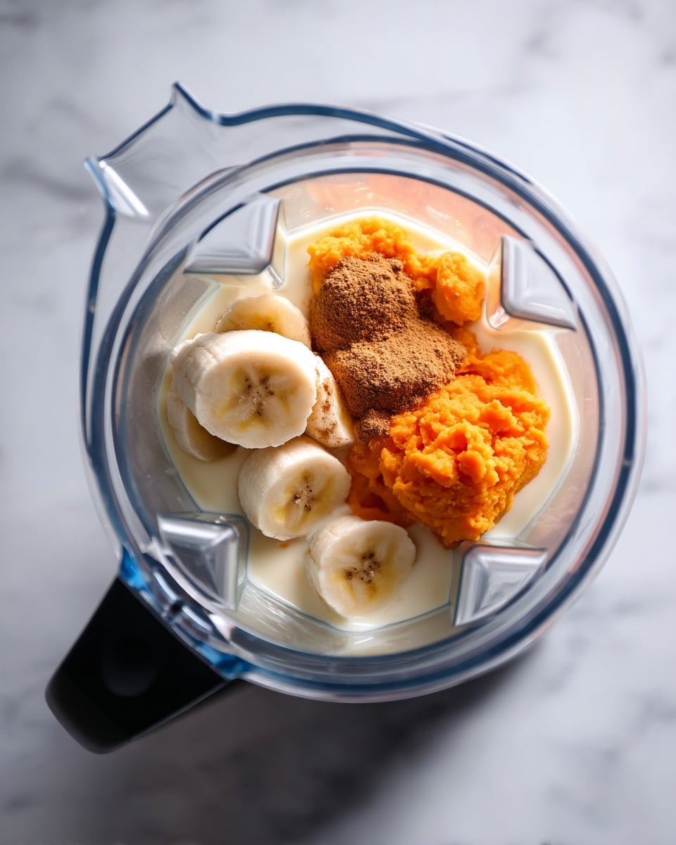 The image shows the inside of a blender on a white marbled surface. Inside the blender, there are four layers of ingredients: at the bottom, a white creamy liquid; on top of that, a few slices of banana with a light yellow color; next to the banana, a scoop of bright orange soft mashed food; and sprinkled over the middle, a small pile of brown powder. The blender container is clear with a black handle, and the photo is taken from above. photo taken with an iphone --ar 4:5 --v 7