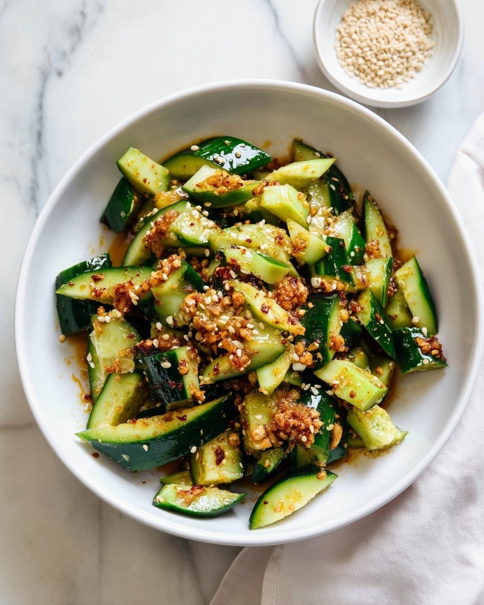 A white bowl is filled with a cucumber salad that has been sliced into uneven, thick pieces with dark green skin and pale green flesh. The cucumber pieces are tossed with a sauce that looks oily and is mixed with crunchy bits of crispy garlic and sesame seeds, giving a mix of golden brown and white colors scattered on top and between the cucumbers. The bowl sits on a white marbled surface, with a small white dish of sesame seeds and a towel nearby. Photo taken with an iphone --ar 4:5 --v 7