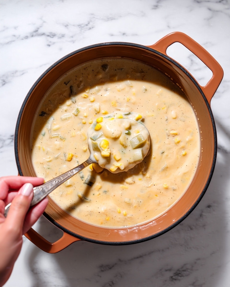 A thick creamy soup with visible chunks of yellow corn and pale green celery pieces in a large round orange pot with a black rim, a silver spoon scooping up a portion near the center showing the creamy texture with embedded vegetable pieces, all placed on a white marbled surface, a woman's hand holding the spoon from the bottom left corner of the image, photo taken with an iphone --ar 4:5 --v 7