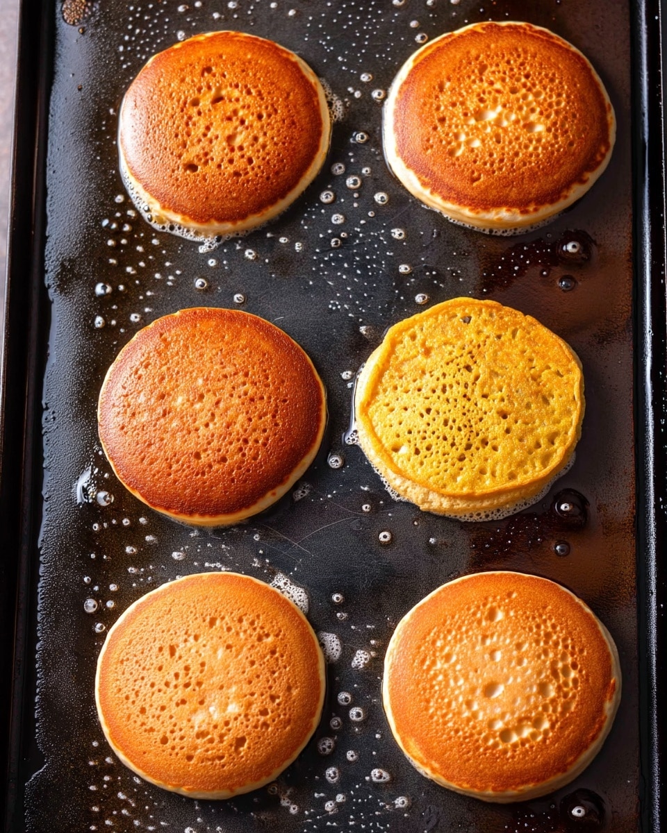 The image shows eight round pancakes cooking on a dark baking tray with oil bubbles and droplets around them. The pancakes have a light brown, golden color with a slightly rough texture and some small holes on the surface. Four pancakes at the bottom appear more cooked with a slightly darker, more even golden brown color, while the top four are lighter and less cooked, with a moist texture. The tray surface contrasts with the pancake colors and has a smooth, shiny appearance. photo taken with an iphone --ar 4:5 --v 7