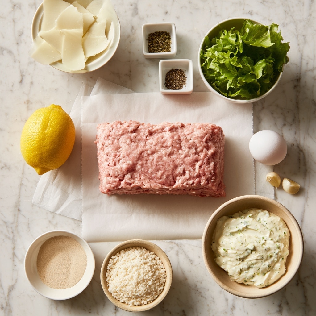 The image shows a flat layout of ingredients on a white marbled surface. At the center, there is a rectangular block of light pink ground meat placed on two sheets of white paper. To the top right of the meat, there is a small white bowl filled with green leafy lettuce. Above that, a tiny white square dish contains dried herbs, and below it, another small white square dish holds ground black pepper. To the right of the meat, there is a white egg and two small garlic cloves. Below the meat, a beige bowl contains a creamy white sauce with green specks. To the bottom left of the meat, a white bowl holds light beige powder, and above that, a small beige bowl is filled with white breadcrumbs. Above the breadcrumbs, a small white bowl contains thin slices of white cheese. To the left of the meat is a whole bright yellow lemon photo taken with an iphone --ar 4:5 --v 7