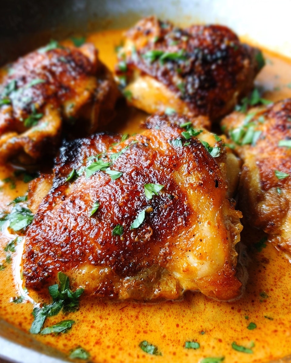 This image shows a close-up of several golden-brown pieces of cooked chicken with crispy skin, sitting in a shallow layer of orange, creamy sauce. The chicken pieces have a textured, slightly oily surface with charred spots, and they are sprinkled with small bits of fresh green herbs. The background is a white marbled texture. photo taken with an iphone --ar 4:5 --v 7