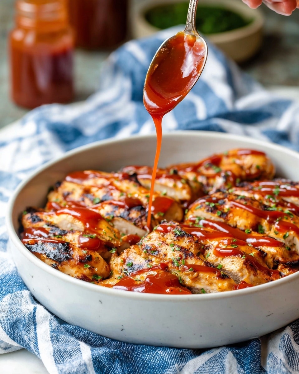 Two pieces of grilled chicken are shown in a white bowl on a white marbled surface. The chicken is coated with shiny reddish brown barbecue sauce and sprinkled with small green parsley leaves. One piece is sliced into thin strips, revealing the light cooked inside, and the other is whole. Next to the bowl is a small wooden bowl filled with extra thick barbecue sauce and a glass salt shaker. A blue and white striped cloth is underneath the bowl and sauce. Photo taken with an iphone --ar 4:5 --v 7