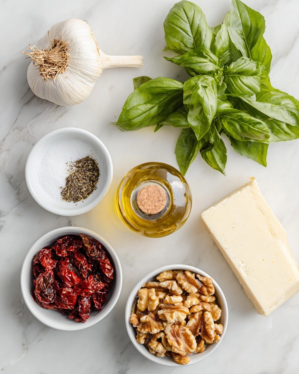 The image shows six main ingredients arranged neatly on a white marbled surface. In the top left corner, there is a whole garlic bulb with its roots still attached; to the right, a bunch of fresh, bright green basil leaves with visible veins and texture. Below the garlic, a small white bowl with coarse white salt and cracked black pepper mixed together. In the center, a clear glass bottle filled with golden olive oil and a cork stopper. Below the bottle, a white bowl filled with dark red sundried tomatoes in olive oil, shiny and wrinkled. To the left of the sundried tomatoes, another white bowl filled with shelled walnuts in warm, brown shades. At the bottom right, a wedge of off-white hard cheese with a smooth surface and a few small holes. The photo taken with an iphone --ar 4:5 --v 7