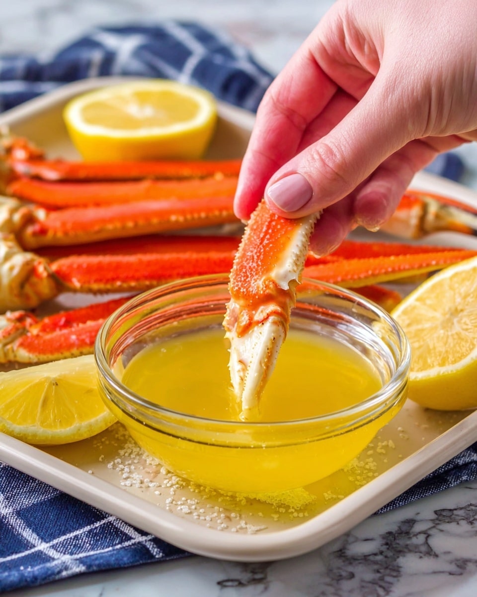 A woman's hand is shown dipping a piece of crab leg meat, which is orange and white, into a clear glass bowl filled with melted yellow butter. The bowl sits on a white tray that holds more crab legs and lemon wedges, which are bright yellow with a slightly rough texture. The crab legs are long and thin with a red and orange shell. The tray rests on a white marbled surface with a blue and white checkered cloth partially visible beneath it. Photo taken with an iphone --ar 4:5 --v 7