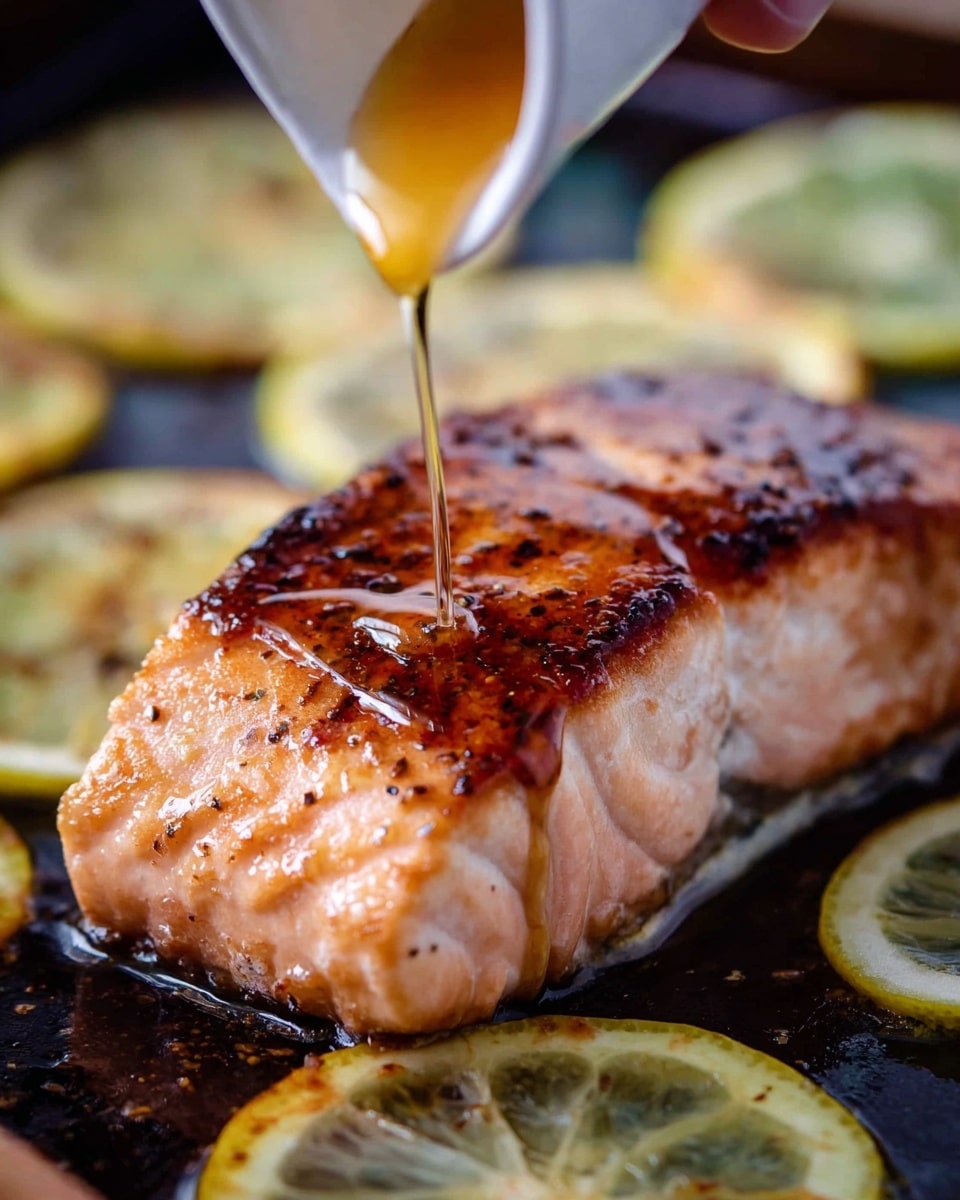 A close-up of a cooked salmon fillet with a golden-brown, slightly crispy top layer and a light pink, tender bottom layer. A glossy amber sauce is being poured over the top from a white container held by a woman's hand. The salmon is surrounded by thin, pale yellow lemon slices scattered on a dark surface. The background has a blurred view of lemon slices, giving a fresh and juicy feel. photo taken with an iphone --ar 4:5 --v 7