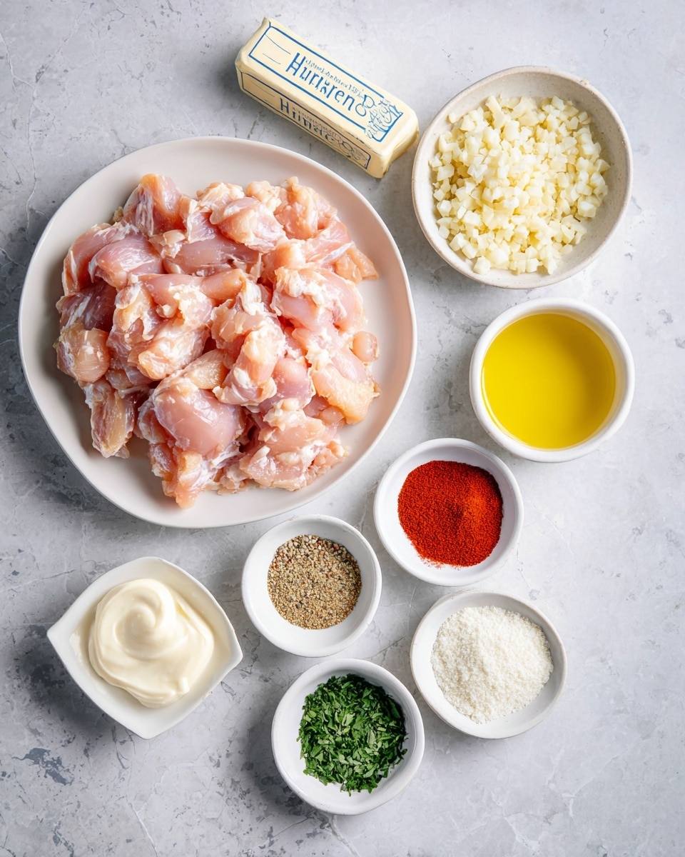 A white plate full of raw pink chicken pieces sits in the center on a white marbled surface. To the top right is a small white dish filled with chopped garlic that is light beige and finely textured. Next to it, there is a pale yellow stick of butter wrapped in paper with blue lettering. Below the butter is a white round bowl with four colorful spices: red paprika, black pepper, white salt, and two shades of beige garlic powders, each forming a quarter section in the bowl. Below this bowl are two smaller white dishes; one contains finely chopped green herbs, and the other holds finely grated white cheese. At the bottom left, there is a small white square dish with creamy off-white mayonnaise and another square dish filled with bright yellow olive oil. The whole setup is clean and neatly arranged. photo taken with an iphone --ar 4:5 --v 7