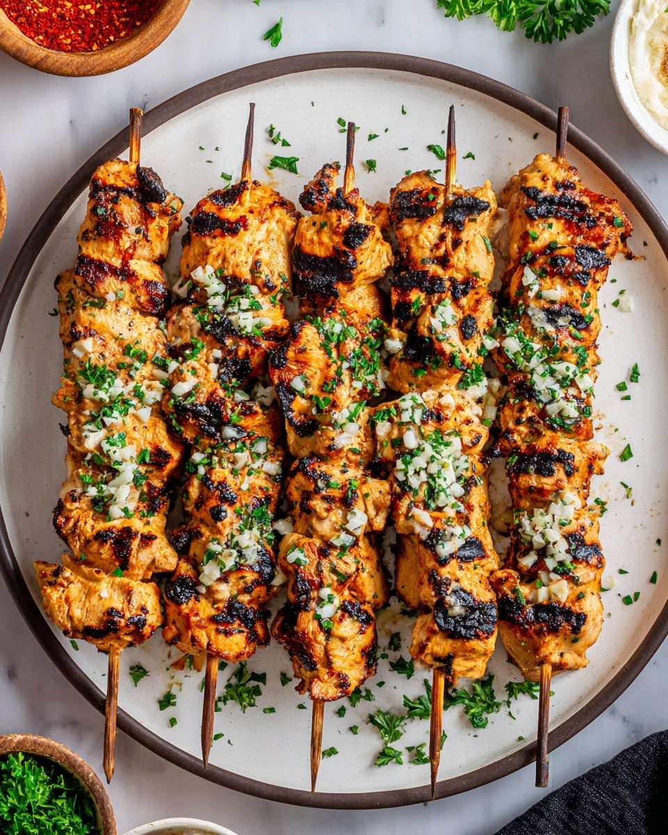 The image shows seven grilled chicken skewers arranged side by side on a large white plate. Each skewer is filled with chunky pieces of golden brown grilled chicken with visible dark grill marks. The skewers are topped with a layer of finely chopped white garlic and bright green herbs, giving texture and color contrast. The plate sits on a white marbled surface with small bowls and fresh parsley partly visible around the edges. photo taken with an iphone --ar 4:5 --v 7