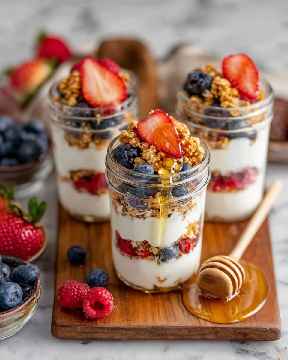 Three clear glass jars sit on a wooden board filled with a layered parfait of white yogurt, golden brown granola clusters, and bright red strawberries, dark blue blueberries, and red raspberries. Each jar shows multiple layers: at the bottom, a layer of yogurt with berries, then a layer of granola, followed by another yogurt layer with berries, and topped with granola and berries, with honey drizzling down the side of the closest jar. Around the jars, small bowls hold extra blueberries and raspberries, and a wooden honey dipper with sticky honey rests on the board. The scene is set on a white marbled textured surface. photo taken with an iphone --ar 4:5 --v 7