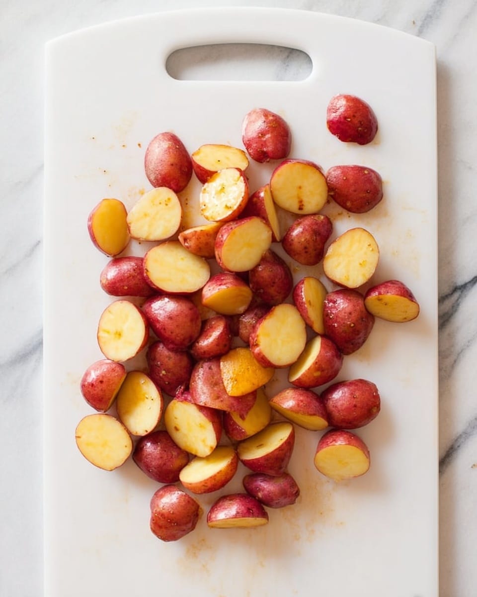 The image shows many small red potatoes cut in half scattered on a white cutting board. The potatoes have a smooth red skin outside and a warm yellow inside. The white cutting board has a handle on top and sits on a white marbled surface. The potatoes look fresh and clean, with some light seasoning or seasoning marks on their yellow sides. photo taken with an iphone --ar 4:5 --v 7