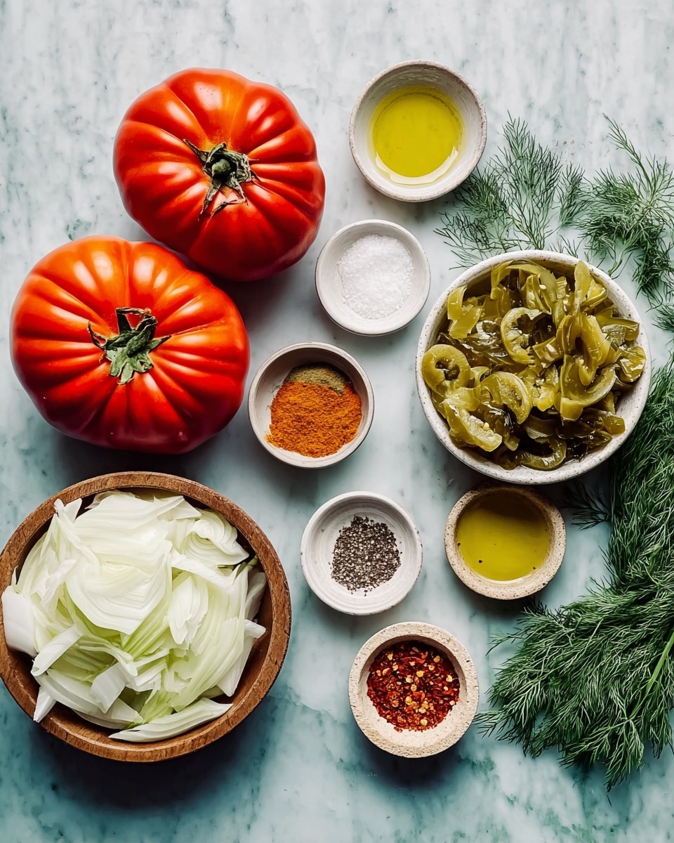 The image shows a group of fresh ingredients on a white marbled surface. There are three large, plump tomatoes with bright red and dark red colors placed in the middle left. To their right, there is a white bowl filled with green olives cut in half. Next to the olives, there is a wooden bowl with thinly sliced white fennel layers. Around these main items, there are small white and stone bowls containing coarse salt, ground black pepper, mustard, chopped garlic, and golden olive oil. Fresh green dill sprigs lie at the top right corner. The colors are vibrant with a natural look, and the arrangement is clear and neat, showing the textures of each ingredient. Photo taken with an iphone --ar 4:5 --v 7