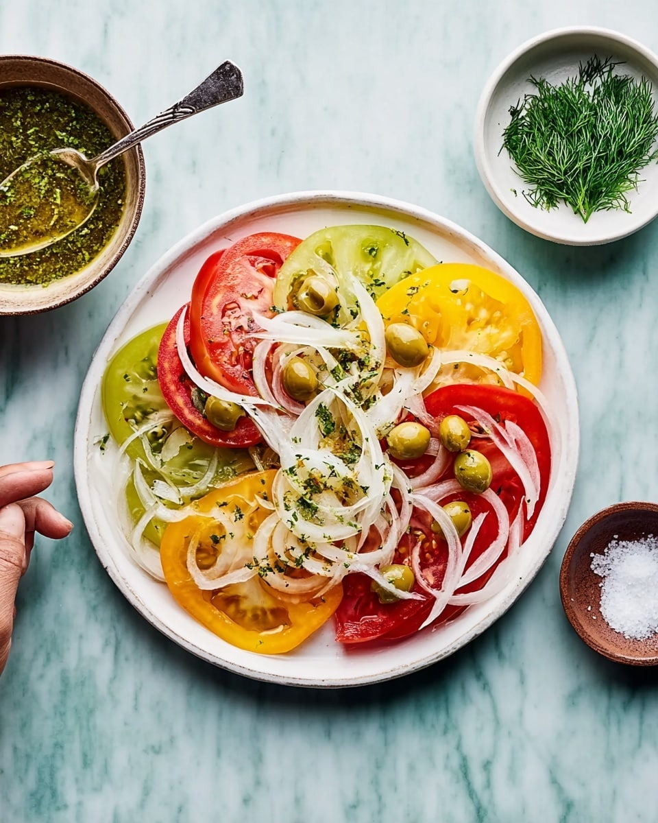 A white plate holds a fresh salad made of thin slices of red, yellow, and green tomatoes layered in an overlapping circular pattern. Thin strips of white onion are spread across the tomatoes, adding a light texture. Scattered green olives, some whole and some sliced, are placed on top. The plate sits on a white marbled surface, with a small white bowl of fresh dill and a small brown bowl of coarse sea salt beside it. A woman's hand holds a spoonful of green herb dressing above the plate, ready to pour. Photo taken with an iphone --ar 4:5 --v 7