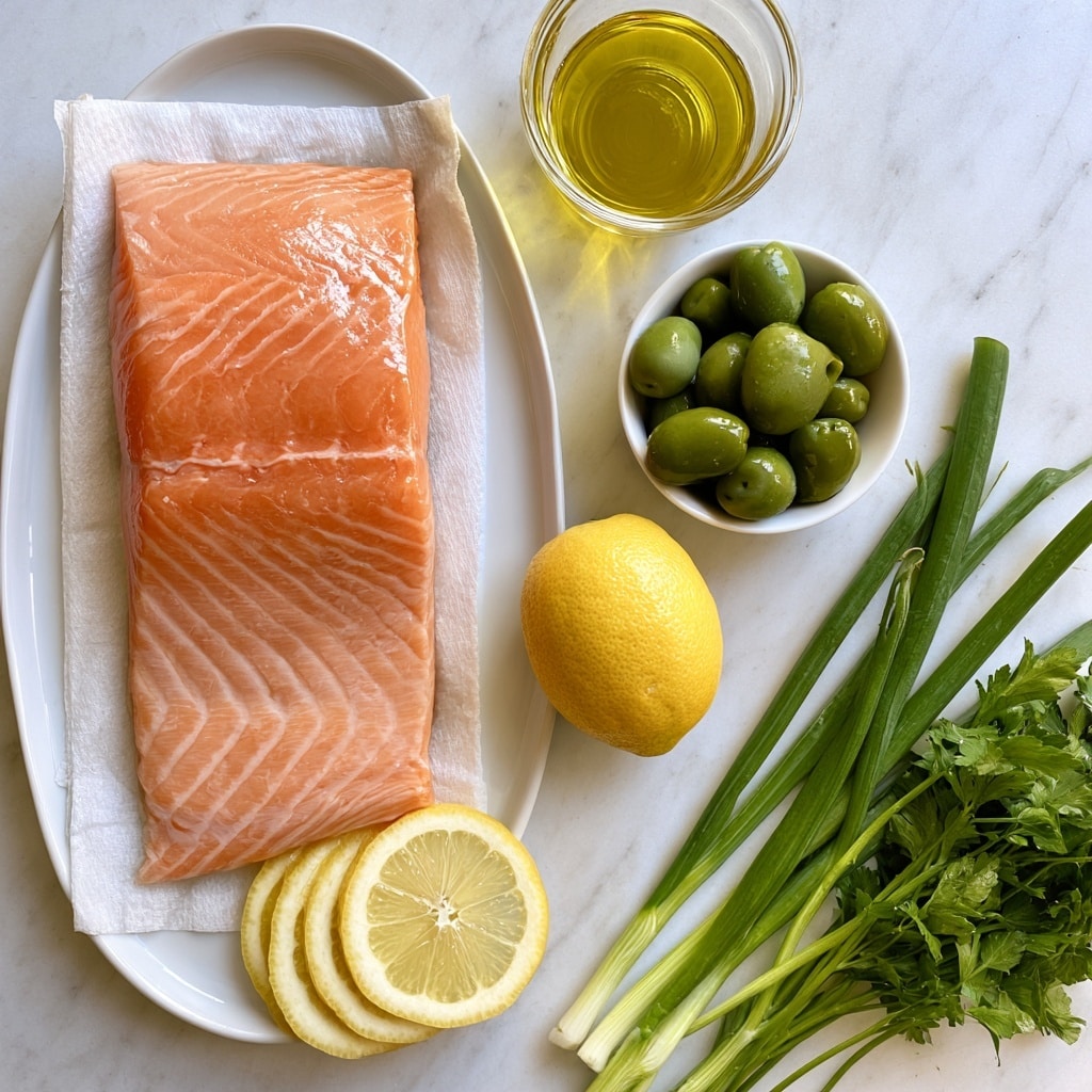 A large pale orange salmon fillet with a shiny texture lies centered on a white oval plate lined with a white paper towel, positioned on the left side. To the right, there is a clear glass cup filled with golden yellow olive oil near the top center and below it, a small white bowl filled with green olives. Below, a whole bright yellow lemon is placed near the center with lemon slices fanned out underneath it on the bottom left. On the bottom right, several long green onions and fresh green parsley scallions with a leafy texture lie diagonally. The background is a white marbled texture. Photo taken with an iphone --ar 4:5 --v 7