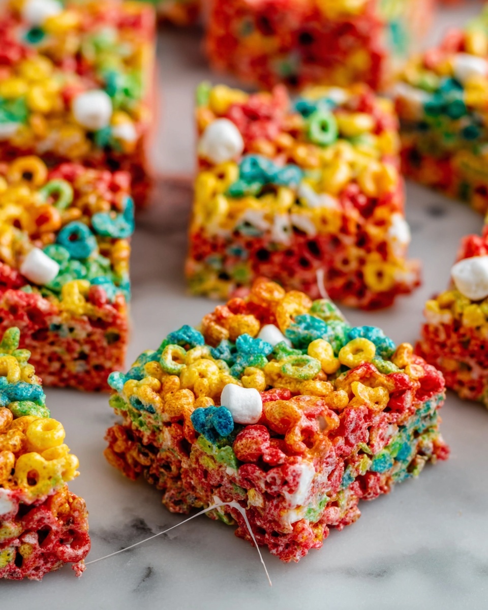 Fruity Pebbles Rice Krispie Treats Recipe 5 The image shows colorful cereal bars cut into squares laid out on a white marbled surface. Each bar has a base layer of melted marshmallow that is sticky and white, binding together a dense top layer of bright, multicolored cereal pieces in reds, yellows, greens, blues, and oranges. Thin strings of melted marshmallow stretch between the squares, creating a sticky texture connecting them. The cereal pieces are round and ring-shaped, giving each bar a rough but vibrant look. photo taken with an iphone --ar 4:5 --v 7