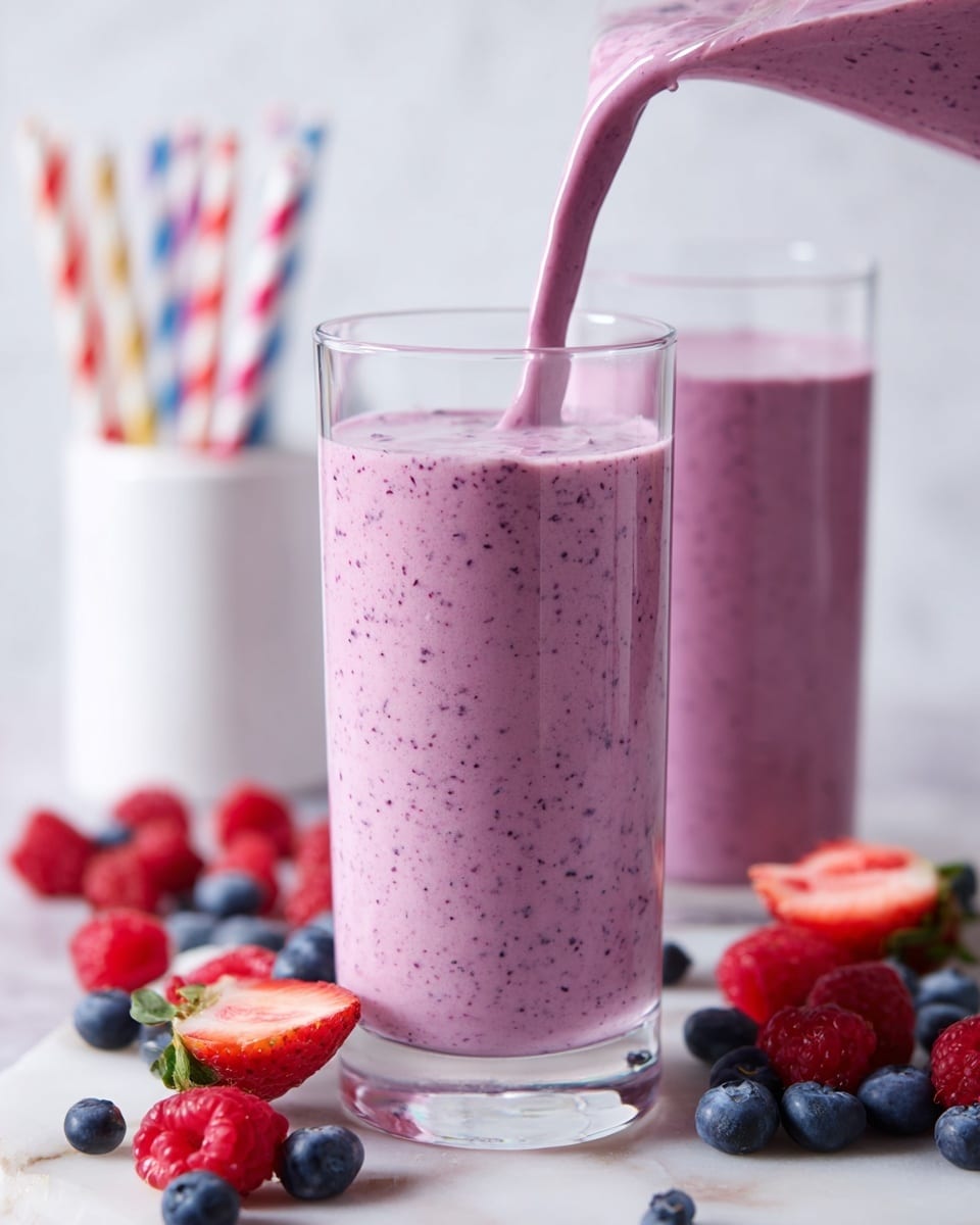 A tall clear glass is filled with a thick light purple smoothie with small dark specks, being poured from above, showing a smooth texture and creamy flow. Behind it is another tall clear glass filled with the same smoothie. Both glasses sit on a white marbled surface scattered with fresh berries including raspberries, blueberries, and a halved strawberry. The background is softly blurred but shows a bunch of colorful striped paper straws in white holders. The overall scene has bright, natural lighting with a fresh and healthy feel. Photo taken with an iphone --ar 4:5 --v 7