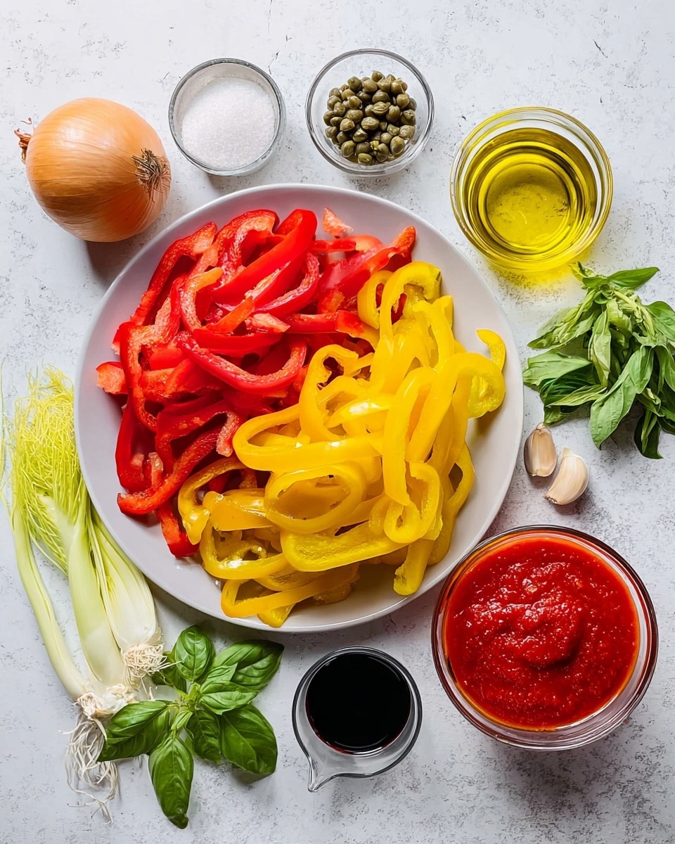 A white plate filled with two layers of sliced bell peppers, red on the left side and yellow on the right side, placed on a white marbled surface. Around the plate, there are various ingredients: a whole onion with light brown skin, two garlic cloves, a small bowl of green capers, a small glass bowl of coarse salt, two stalks of light green fennel, a bunch of fresh green herbs including basil and mint, a measuring cup with dark balsamic vinegar, another measuring cup filled with bright red tomato sauce, and a glass cup containing golden yellow olive oil. The arrangement is clean and bright, showing all the colorful elements clearly. photo taken with an iphone --ar 4:5 --v 7