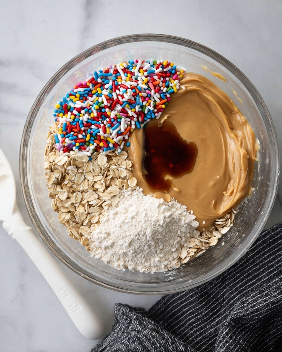 A clear glass bowl sits on a white marbled surface, filled with five separate layers of ingredients. On the top right is a smooth, light brown creamy layer of peanut butter. Below it, on the right side, is a light beige powdery layer of flour. On the bottom left, there is a rough-textured layer of light tan rolled oats. Above the oats, on the top left, is a colorful mix of red, blue, white, yellow, and green sprinkles. A small amount of dark brown syrup pools between the peanut butter and the flour. Near the bowl, a white spatula and a dark grey striped cloth are partially visible. Photo taken with an iphone --ar 4:5 --v 7