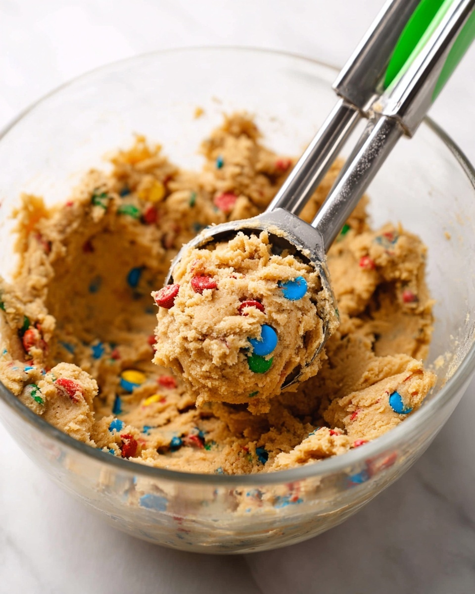 A clear glass bowl filled with soft, light brown cookie dough mixed with small colorful candy pieces in red, blue, yellow, green, and orange. The dough has a thick texture and is being scooped out with a silver metal cookie scoop with green handles positioned upright inside the bowl. The background shows a white marbled texture. photo taken with an iphone --ar 4:5 --v 7
