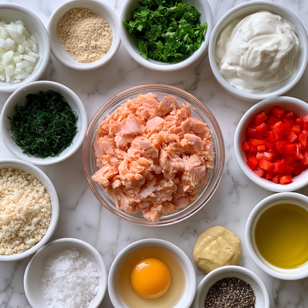 A top-down view of various white bowls arranged on a white marbled surface. The center shows a clear bowl filled with flaked light pink canned salmon. Surrounding it in separate white bowls are small diced white onion; light beige garlic powder; bright green chopped parsley; thick white Greek yogurt; finely chopped dark green dill; small bright red diced bell pepper; off-white panko crumbs; a cracked raw egg with golden yolk and transparent white; coarse white salt; a pale yellow mustard dollop of Dijon; and a golden olive oil pool. There is also a bowl with coarse black pepper and a small bowl of light yellow lemon juice. Each bowl is neatly placed with visible textures and colors. Photo taken with an iphone --ar 4:5 --v 7