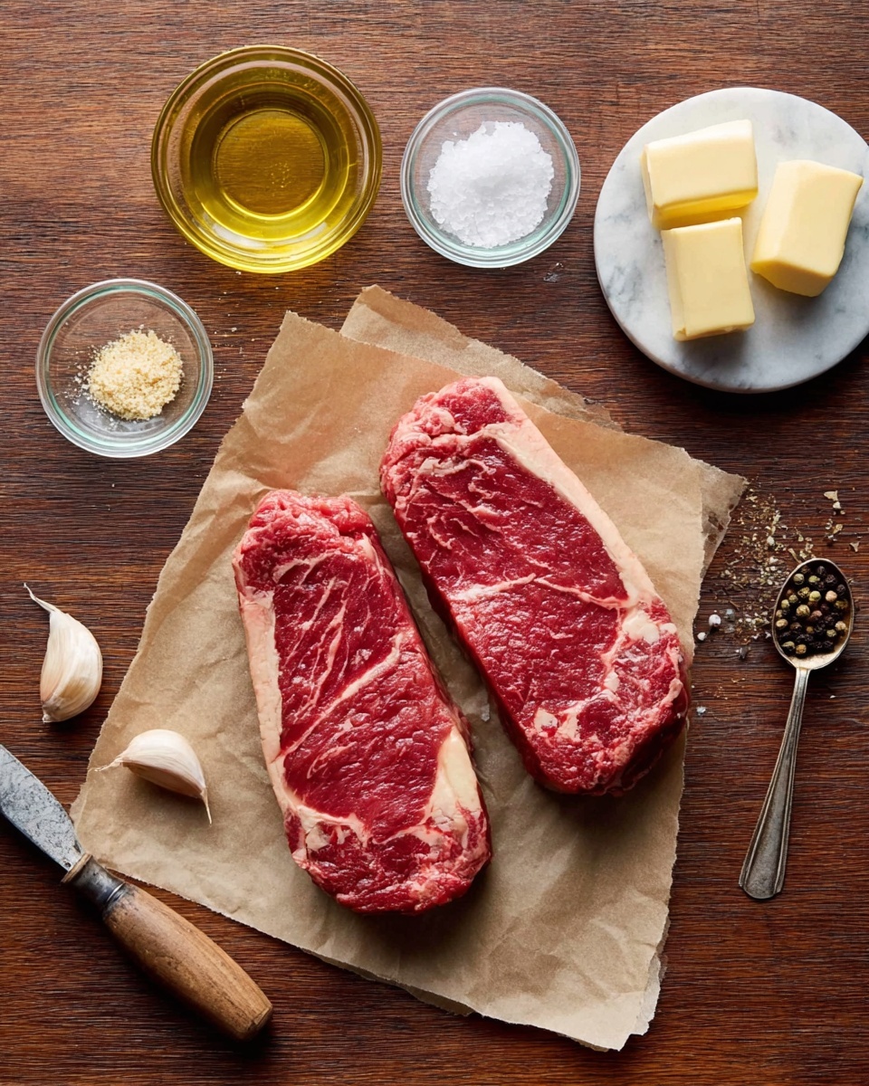 Two raw red steaks with white fat lines lie side by side on a piece of brown parchment paper in the center. Around the steaks, there are small clear glass bowls placed on a dark wood surface: one holds a light yellow oil, another has white salt, another contains pale beige powder, and a fourth holds two yellow butter squares. To the side, two pale garlic cloves rest directly on the wood. A small spoon with black pepper seeds and a wooden handle is also nearby. The whole scene is on a white marbled texture. photo taken with an iphone --ar 4:5 --v 7