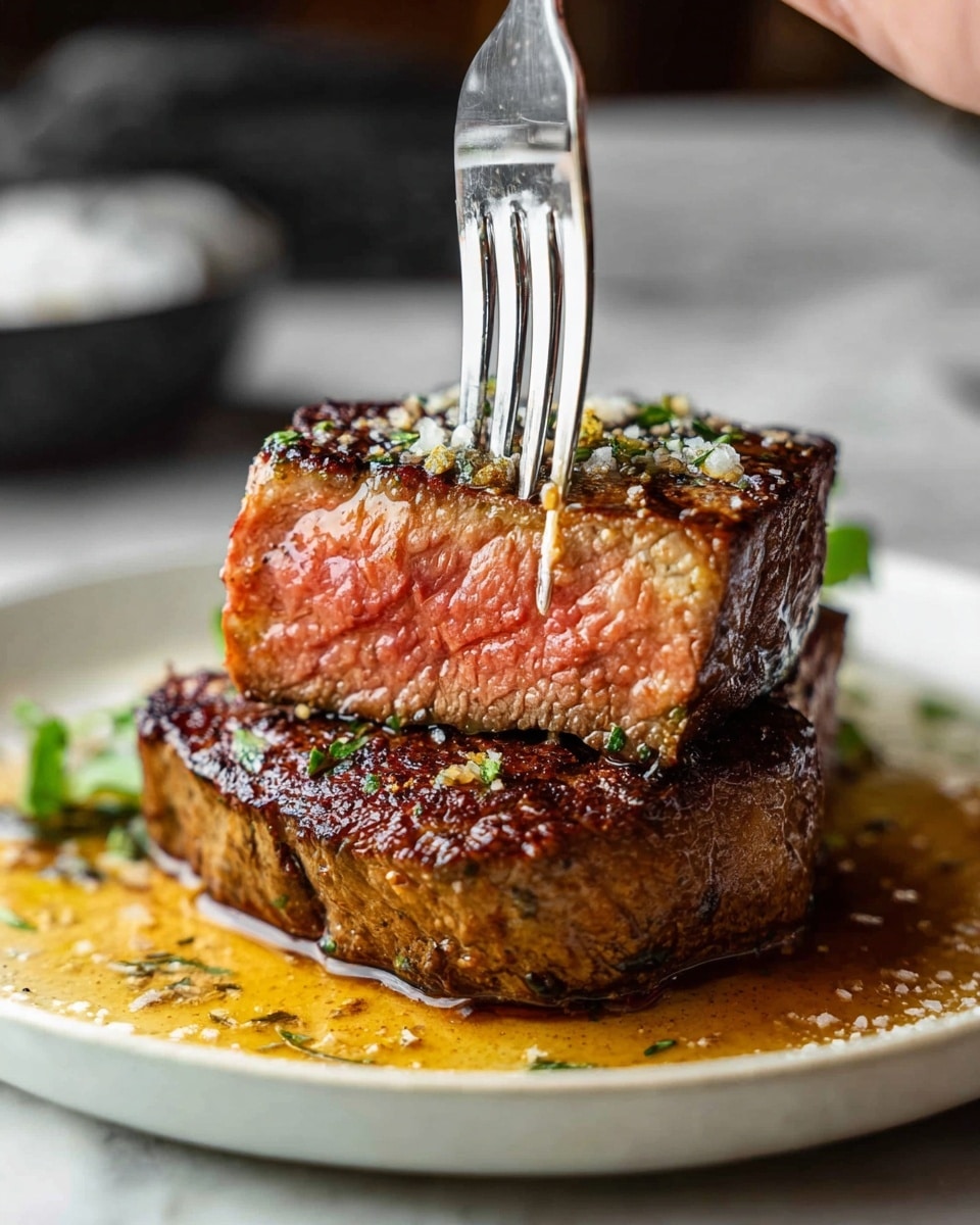 Two thick layers of steak are stacked on a white plate with golden-brown juices and some herbs sprinkled around. The bottom steak is well-seared with a dark brown crust, and the top steak is cut in half showing a pink, tender inside with a slightly charred edge. A woman's hand holds a fork piercing the top piece. There is a hint of green garnish and coarse salt on the plate, all placed on a white marbled surface. Photo taken with an iphone --ar 4:5 --v 7