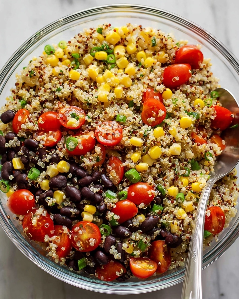 A close-up view of a quinoa salad in a large clear bowl sitting on a white marbled surface, showing three main layers: the base layer is a mix of fluffy light beige, red, and white quinoa grains; scattered throughout are bright yellow corn kernels as the second layer; and plump black beans mixed with halved vibrant red cherry tomatoes add spots of bold color as the third layer. Small pieces of green herbs and sliced green onions are sprinkled evenly over all the layers, adding fresh green specks, while a large silver spoon rests on the right side of the bowl, partially inside the salad. photo taken with an iphone --ar 4:5 --v 7