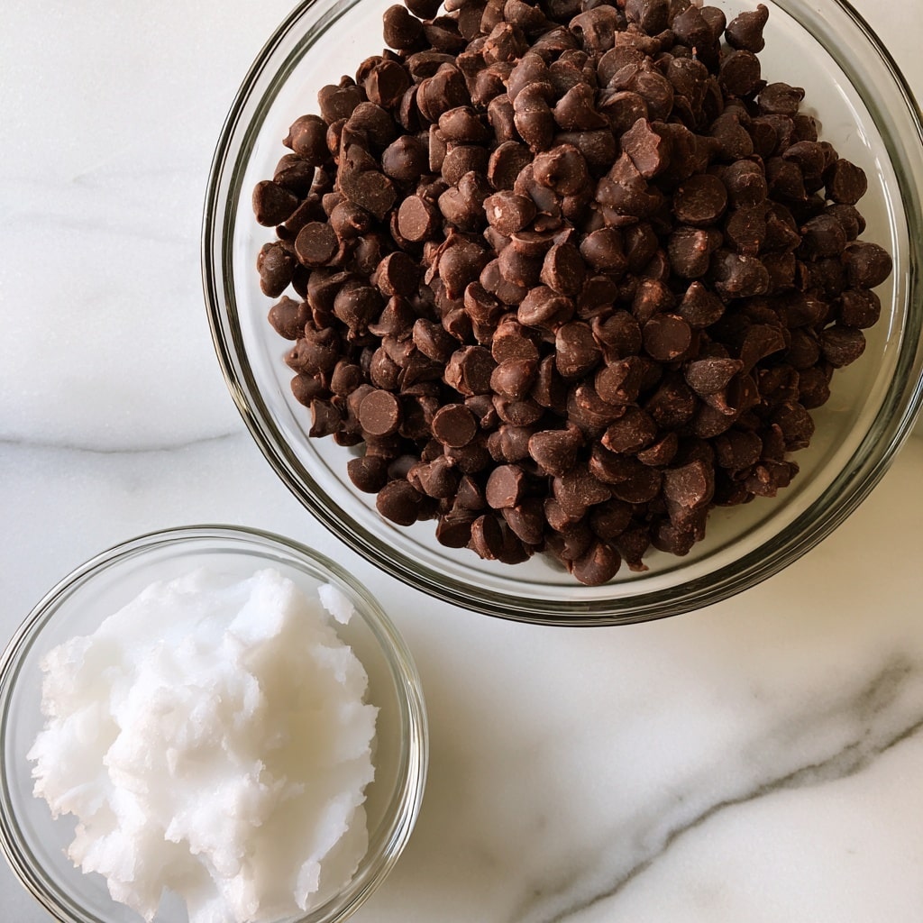 A top-down view shows two clear glass bowls on a white marbled surface. The larger bowl is filled with many small, dark brown semi-sweet chocolate chips, creating a rough and bumpy texture that nearly fills the bowl. Below it and to the left, a smaller bowl holds a smooth, white coconut oil with a soft, slightly fluffy texture that fills about half the bowl. The light reflects softly on both bowls, enhancing the contrast between the dark chocolate and white coconut oil photo taken with an iphone --ar 4:5 --v 7