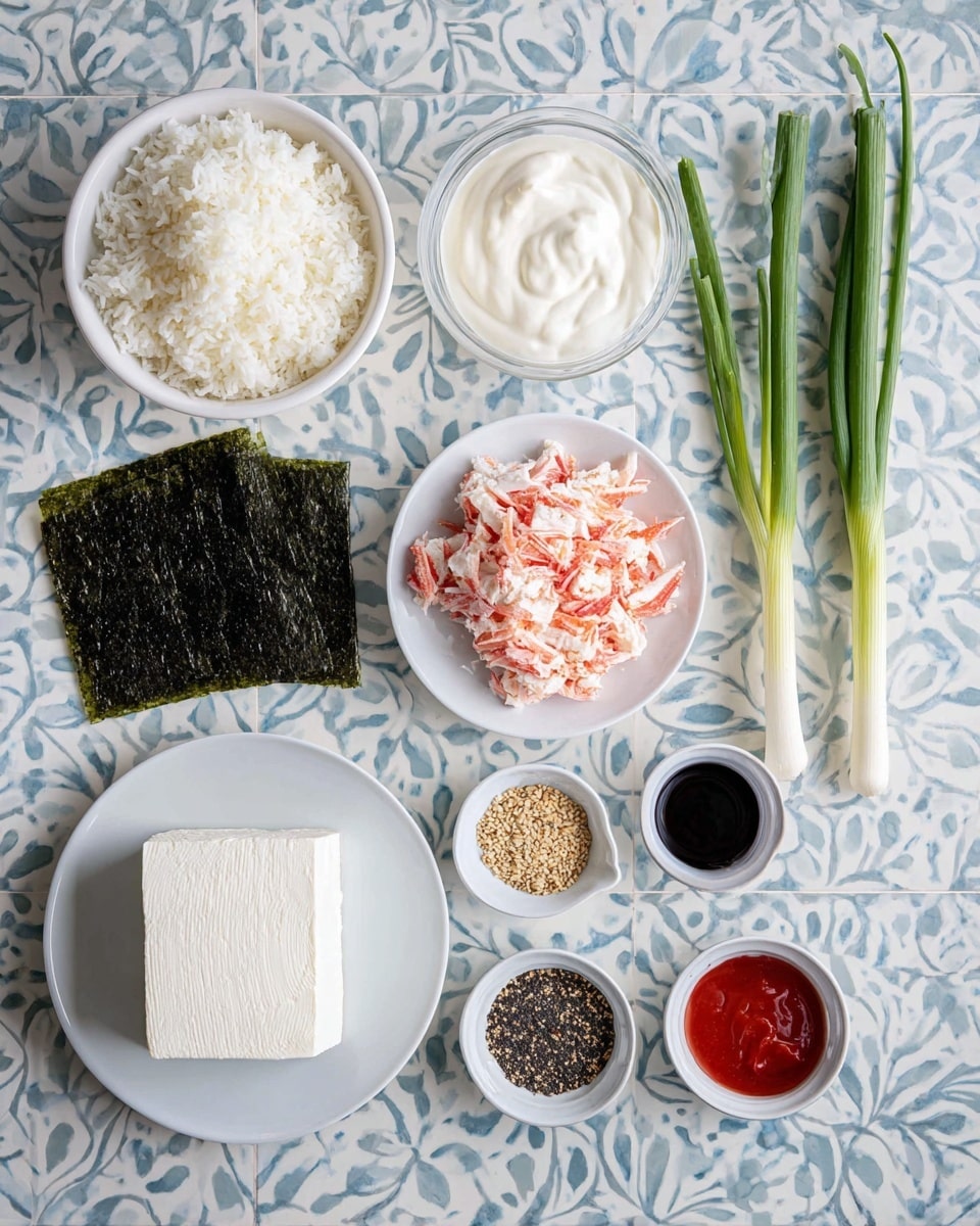 Several white bowls and plates hold different ingredients laid on a surface with a white marbled texture. On the top left, a bowl is full of white rice, next to it on the right is a bowl with smooth white cream. To the right of that are three long green onions with white bottoms. Below the rice, there are two dark green sheets of seaweed placed side by side. To the right of the seaweed, another bowl contains pink and white shredded crab meat. Below the seaweed and crab meat, there is a white plate with a large block of white tofu. Below the tofu, a small white bowl holds a mixture of black and white sesame seeds and other spices. To its right, small white containers hold red sauce and dark soy sauce. All items are arranged neatly on the white marbled surface in a grid-like manner. Photo taken with an iphone --ar 4:5 --v 7