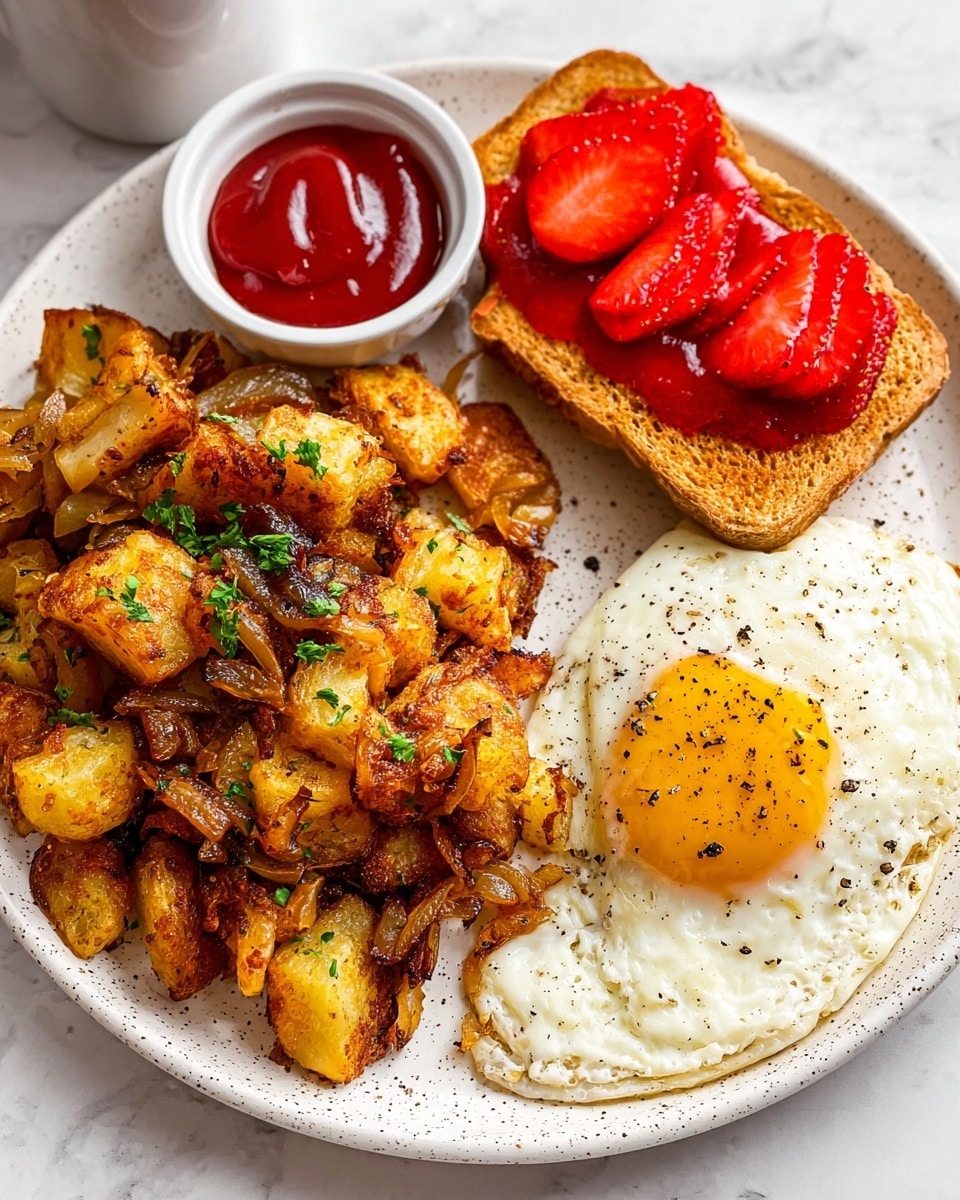On a white speckled plate placed on a white marbled surface, there is a portion of golden-brown crispy roasted potatoes mixed with browned onions and sprinkled with green herbs, taking up the left and central part of the plate. To the right, a small white bowl filled with shiny red ketchup sits near a neatly cooked fried egg with a smooth white and pale yellow yolk topped with black pepper. Next to the egg, two slices of toasted bread with a crunchy texture are spread thickly with bright red jelly. Three red sliced strawberries are arranged in the top center, adding a fresh fruity contrast. Photo taken with an iphone --ar 4:5 --v 7