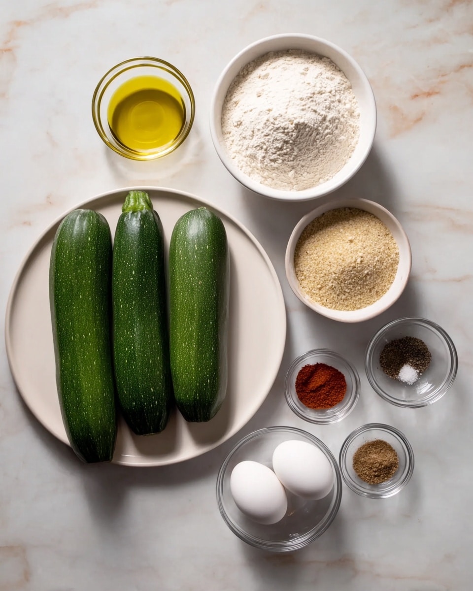 The image shows raw ingredients for cooking arranged on a white marbled surface. There are three whole green zucchinis placed side by side on a white round plate on the left side. Above the zucchinis, there is a small clear glass bowl filled with light yellow oil. Around the plate are bowls containing different powders: a white bowl with white flour above the zucchinis, next to it a white bowl with fine light brown breadcrumbs, and nearby three small clear glass bowls containing black pepper, garlic powder, and reddish paprika powder from top to bottom. At the bottom center, a clear glass dish holds two white eggs. The setup is neat and visually balanced with soft natural light. Photo taken with an iphone --ar 4:5 --v 7