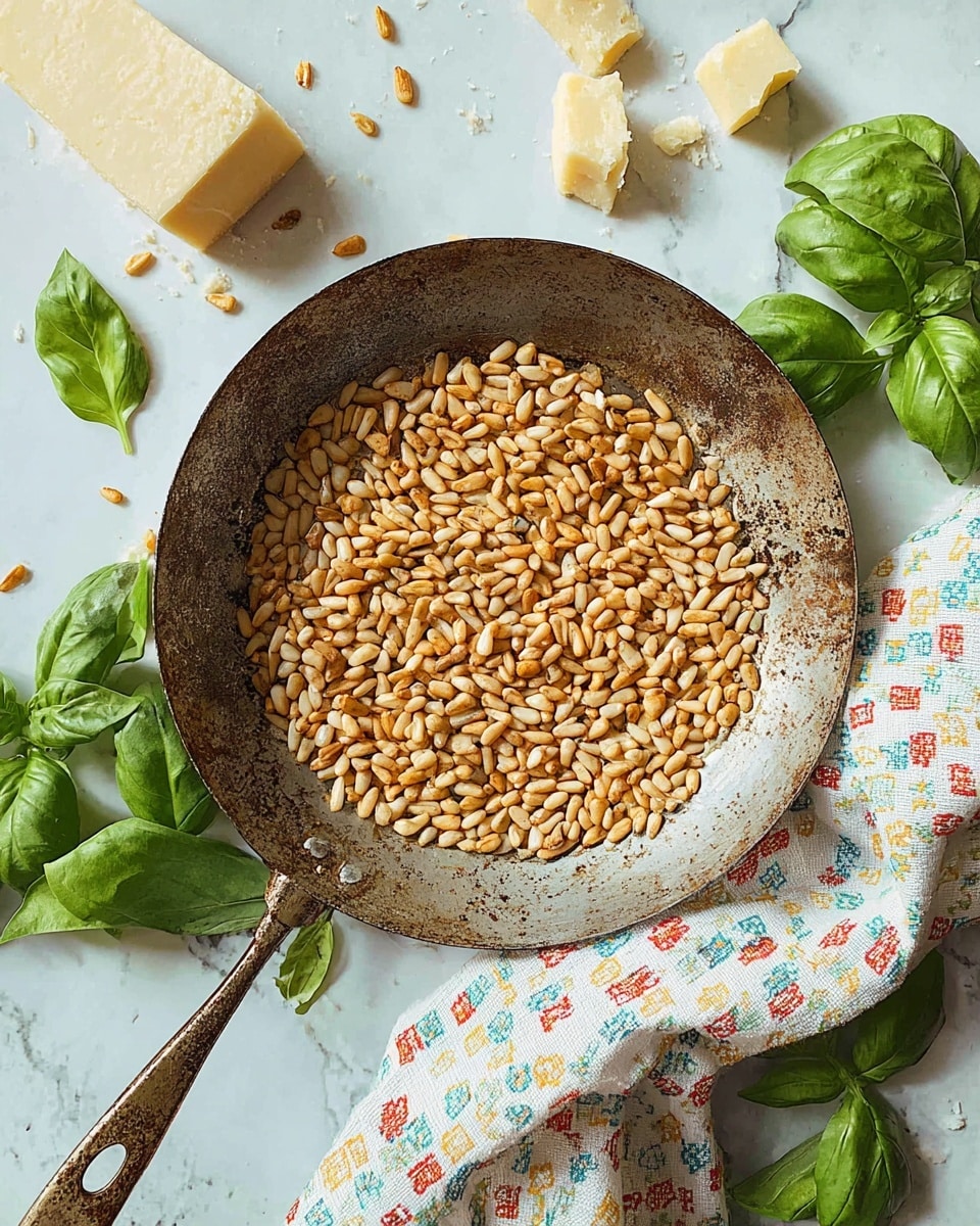 A rustic, worn metal pan filled with a single layer of small, toasted pine nuts in light golden and pale brown shades fills the center of the image. Around the pan, fresh green basil leaves are scattered on a white marbled textured surface, along with a white cloth with a colorful small square pattern beneath the pan’s handle. Off to the side, chunks of pale yellow to off-white cheese lie on the same surface, adding subtle contrast. photo taken with an iphone --ar 4:5 --v 7