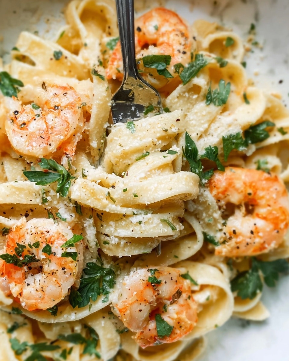 A close-up of a white plate filled with creamy fettuccine pasta twisted on a fork in the center, with orange shrimp scattered around the pasta. There are green parsley leaves sprinkled over the shrimp and pasta, with some light seasoning of black pepper and white cheese dusted on top. The background has a white marbled texture. Photo taken with an iphone --ar 4:5 --v 7