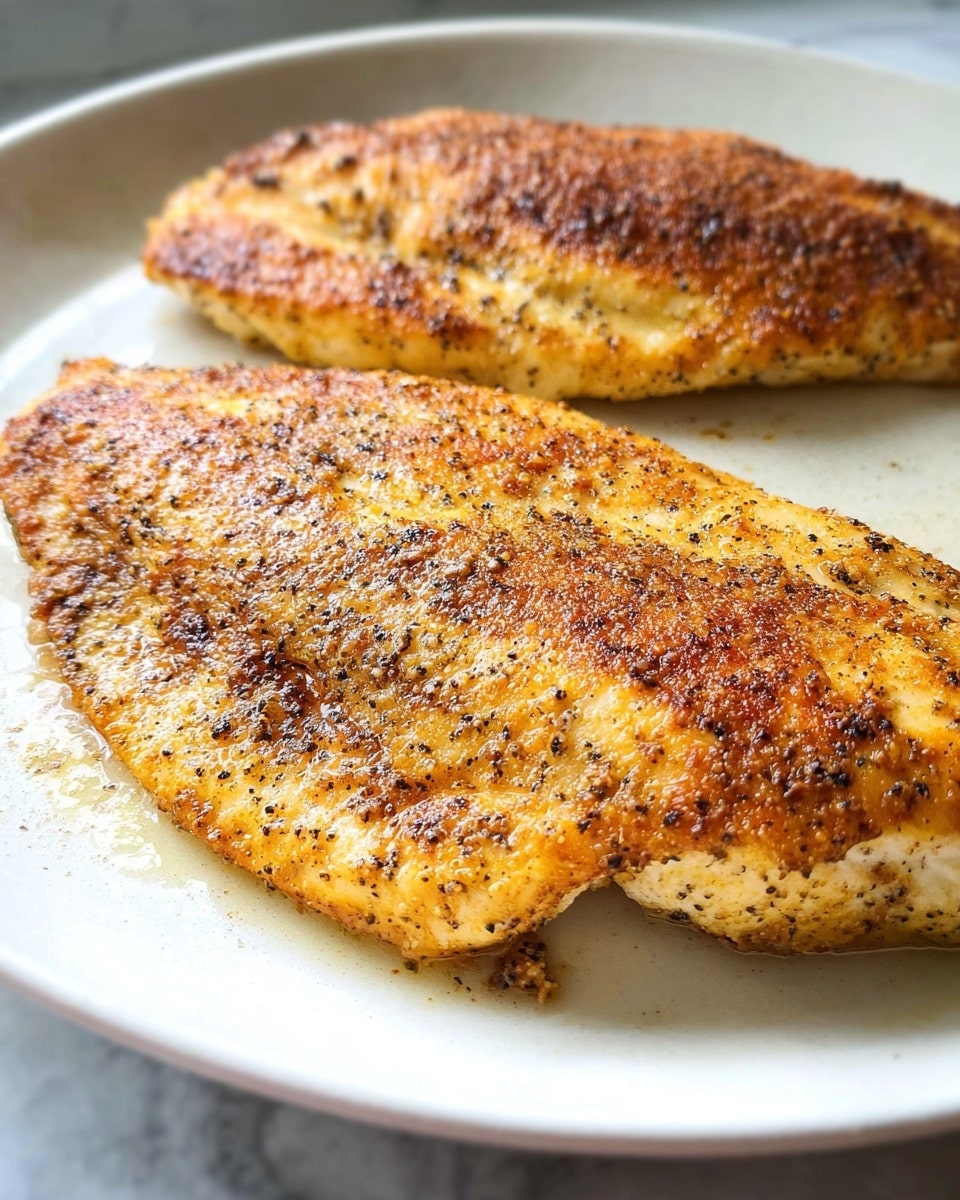 Two pieces of golden brown cooked chicken fillets lie side by side on a large white plate. Each fillet has a crispy, textured surface with visible specks of black pepper and seasoning. The edges of the fillets show a slight crispiness, and the light reflects off some oil on the plate. The background is a white marbled texture. photo taken with an iphone --ar 4:5 --v 7
