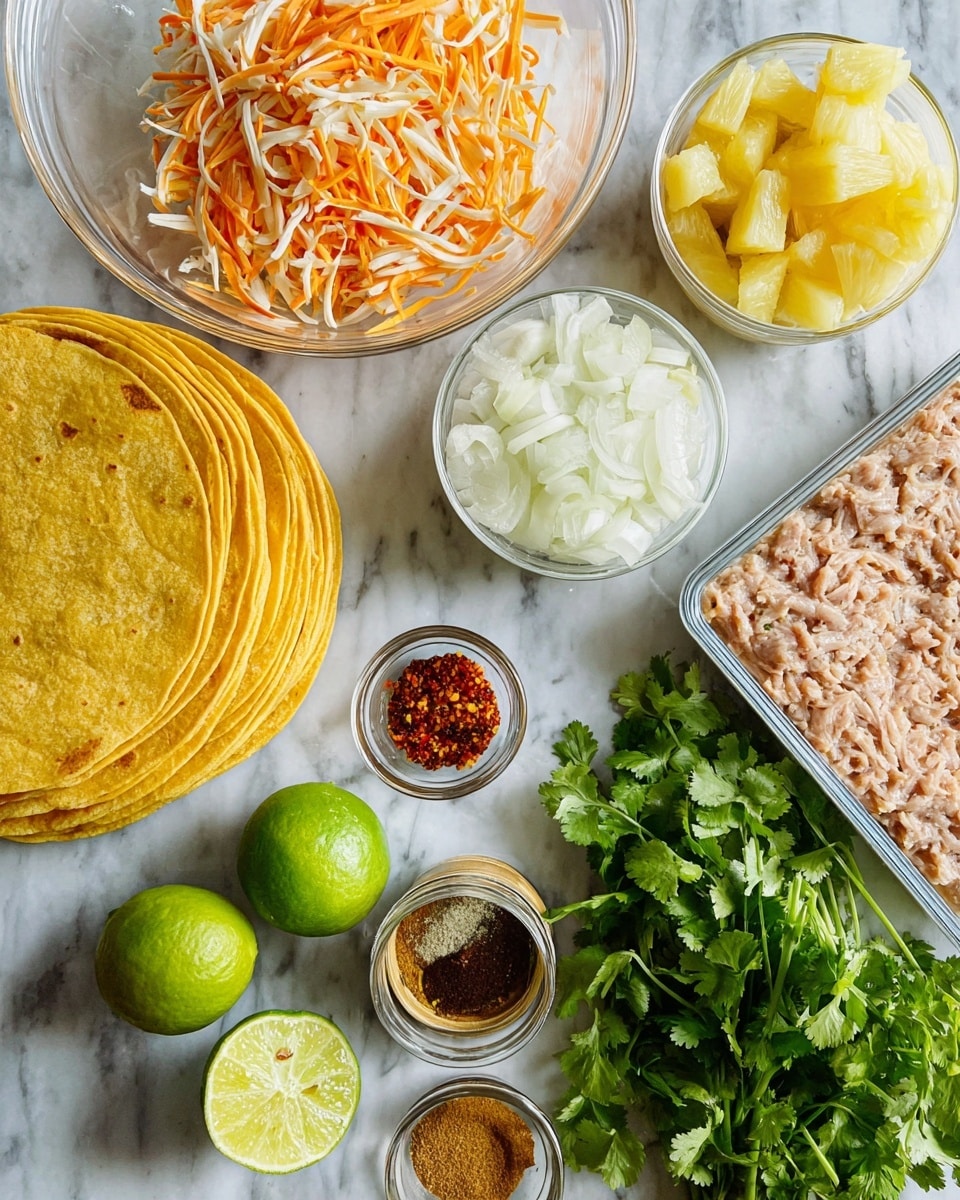 The image shows a white marbled surface with various ingredients neatly arranged. On the left, there is a stack of yellow corn tortillas with a slightly uneven texture. Above the tortillas, there is a clear bowl filled with shredded cheese in shades of orange and white, while another clear bowl below contains white chopped onions. To the right of the tortillas, there is an opened can of diced pineapples with syrup and a sealed clear tray of pale ground meat. Near the bottom right, fresh bright green cilantro leaves spread out. Near the bottom left, two halves of a fresh lime with a green exterior and light green interior rest next to small clear containers filled with chopped garlic and ground spices including a deep red, green, and brown spice in glass jars. photo taken with an iphone --ar 4:5 --v 7